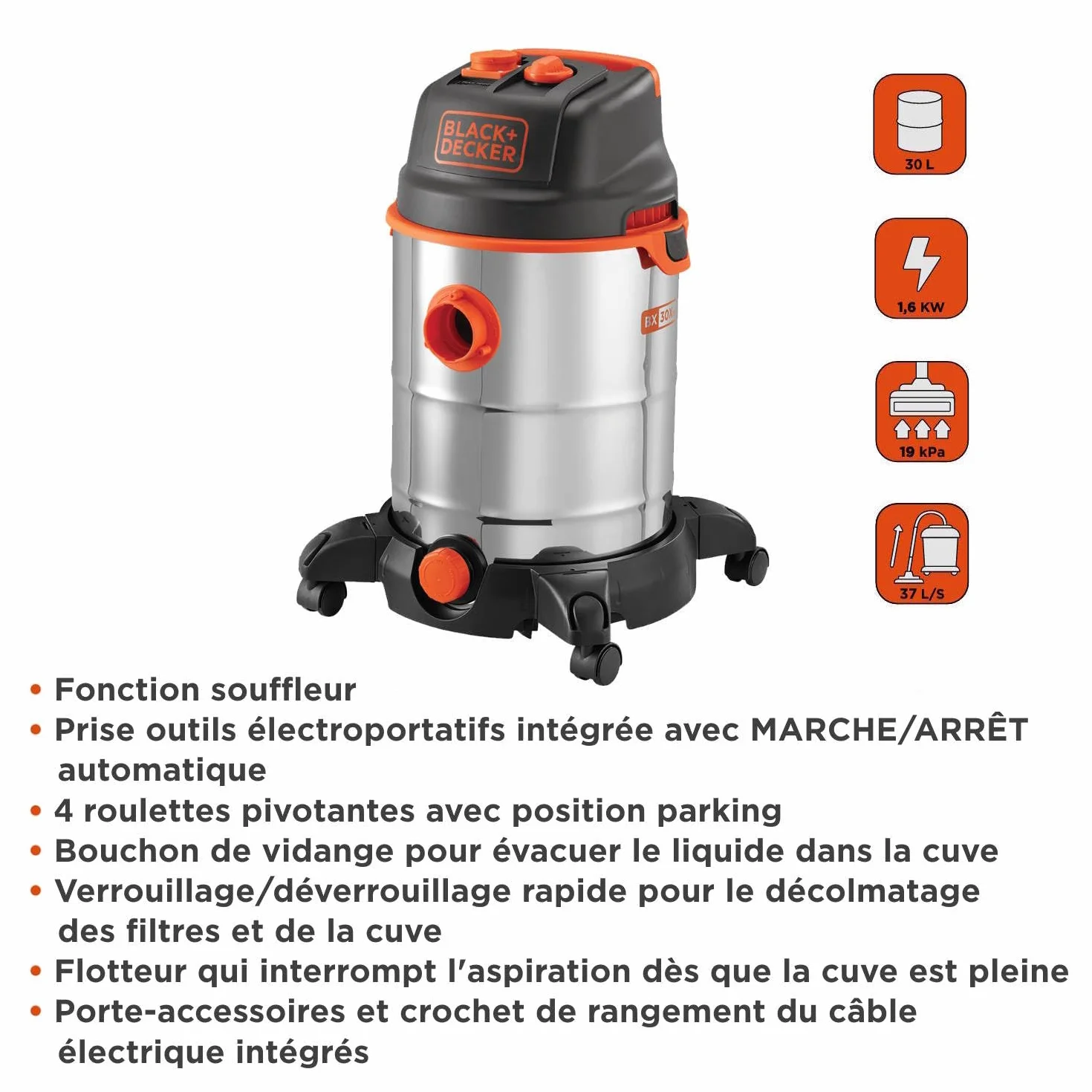 BLACK+DECKER Aspirateur Solides et Liquides BXVC30XTDE 1600 W 30 litres
