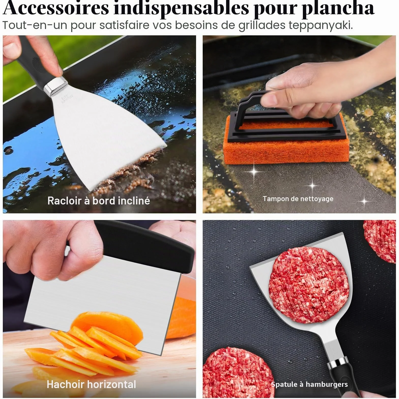 Grilliance 27PCS Spatule Plancha Accessoires INOX, Teppanyaki Grill Set d'ustensiles de Barbecue avec Presse à Hamburger et Cloche Cuisson