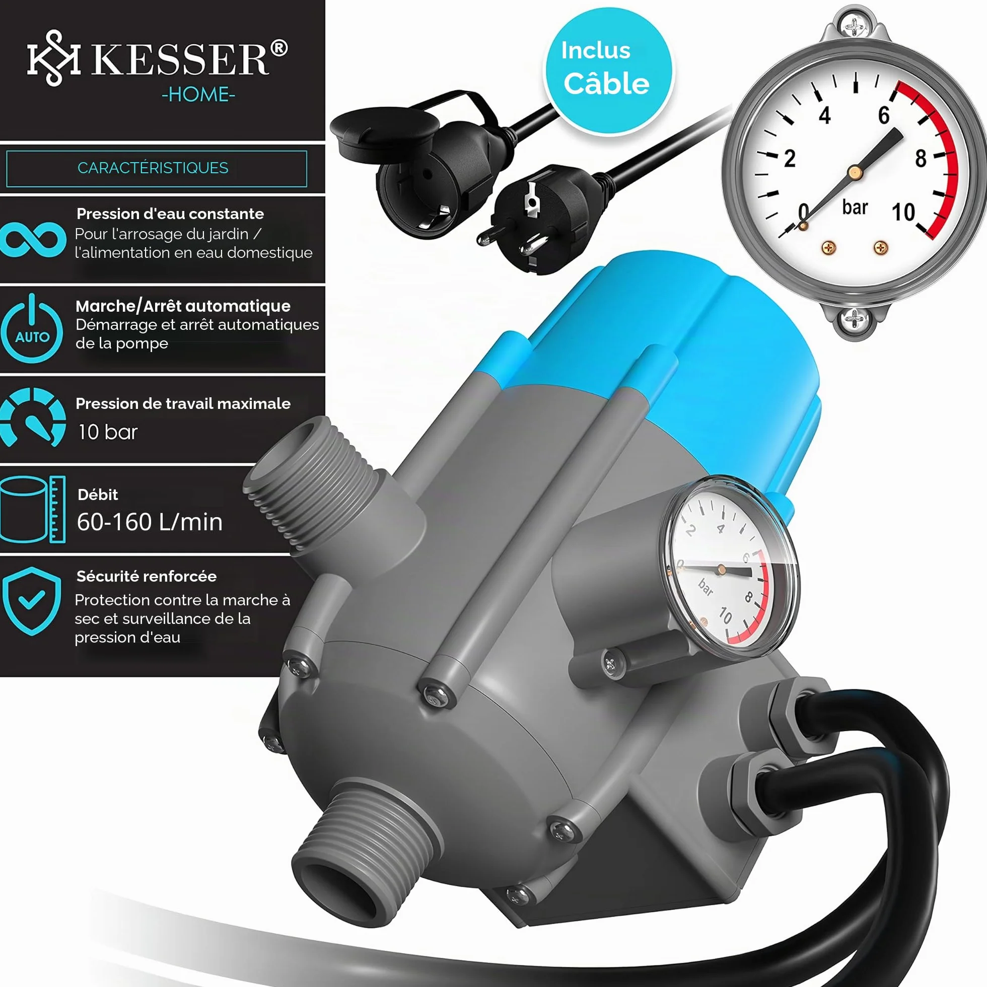 KESSER Pressostat 10 bar Commande de pompe avec indicateur et câble