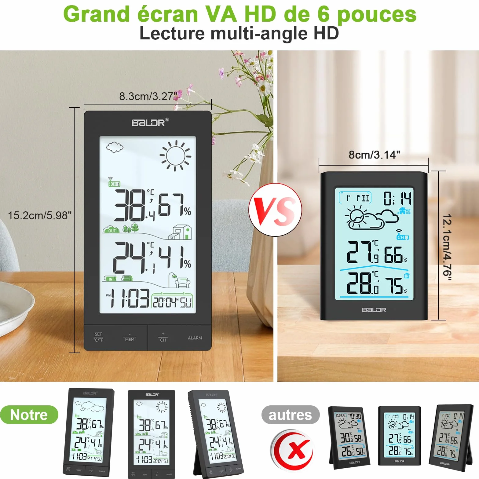 Station Météo Sans Fil Écran LCD 6,0' Capteur Extérieur Thermomètre Hygromètre Prévisions Réveil Noir