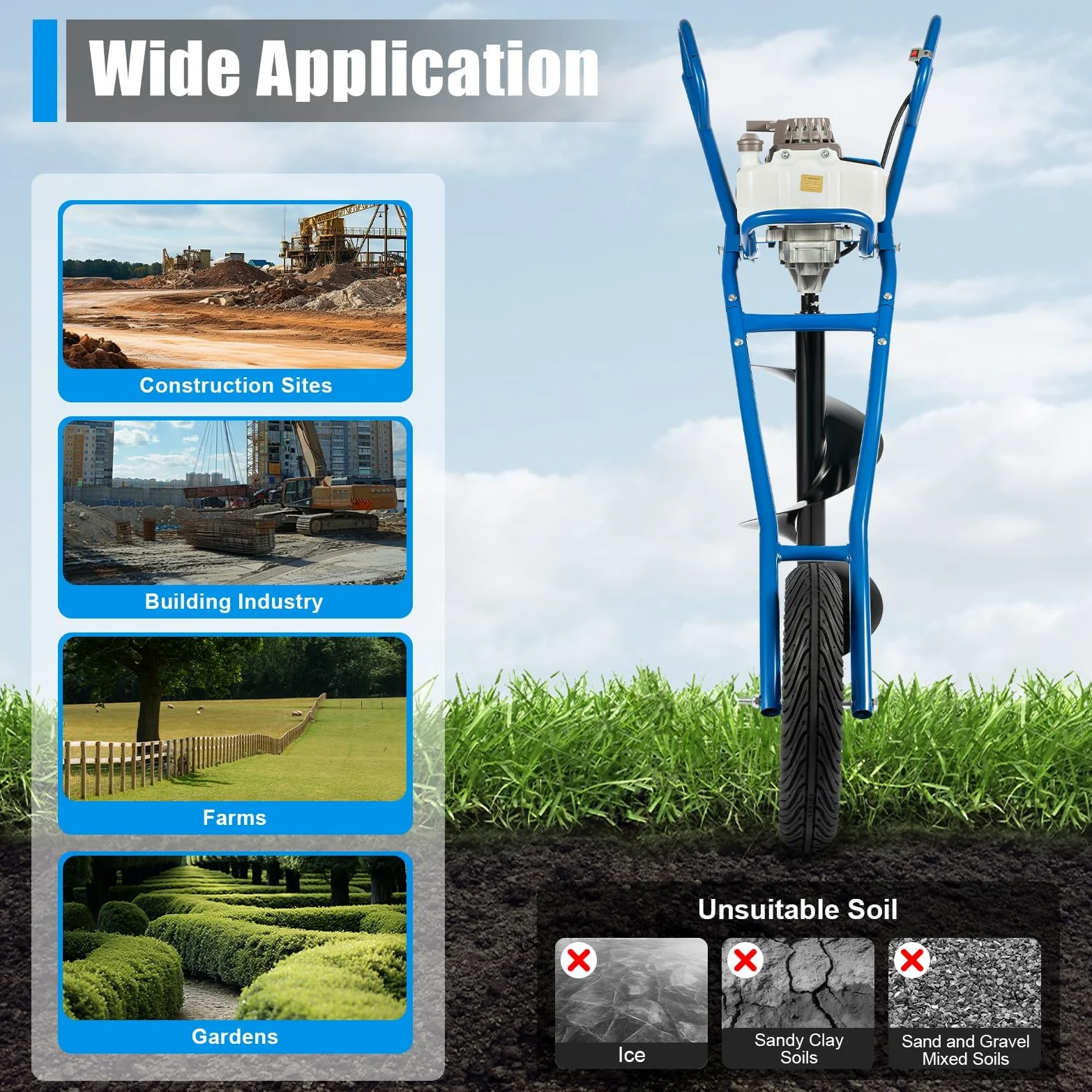 Tarière Thermique 63cc 2 Temps, 2,2kW Tarière à Essence avec Roue, Forage 300mm, Tariere Thermique pour Perceuse de Terre, Outil Creuser Trou pour Agriculture Jardin