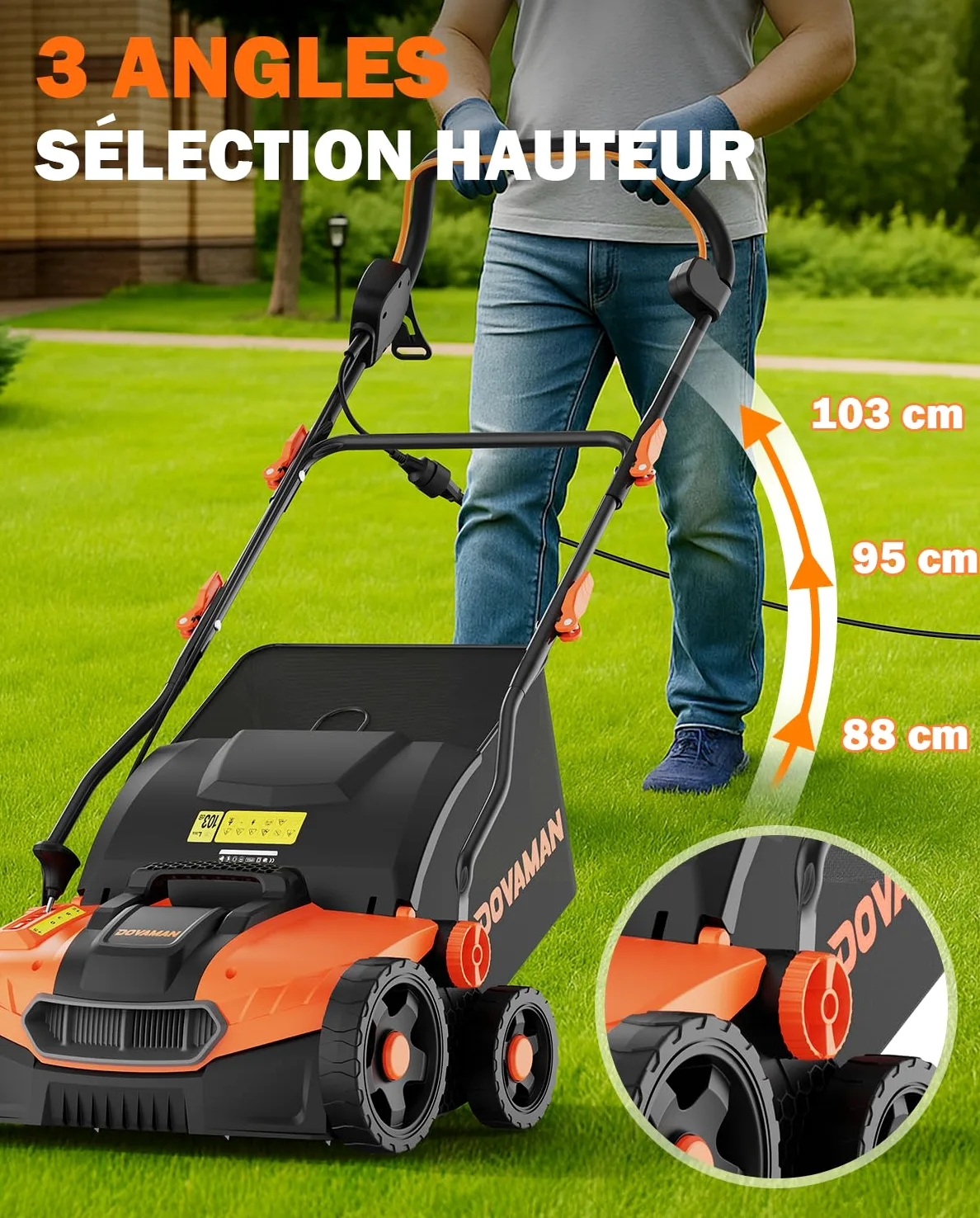 DOVAMAN DS16A 2-en-1 Scarificateur & Aérateur Électrique, 1500W, Largeur 40cm, 5 Profondeurs Réglables, Design Pliable, Bac 45L, Hauteur Réglable, Léger, Idéal pour Scarifier et Aérer