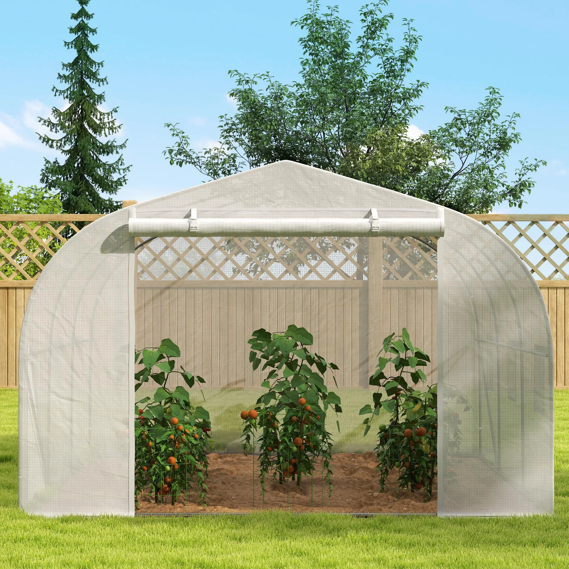Outsunny Serre de Jardin Serre Tunnel de Jardin dim. 3,5L x 3l x 2H m Porte + 6 fenêtres enroulables Acier galvanisé bâche PE Haute densité Blanc
