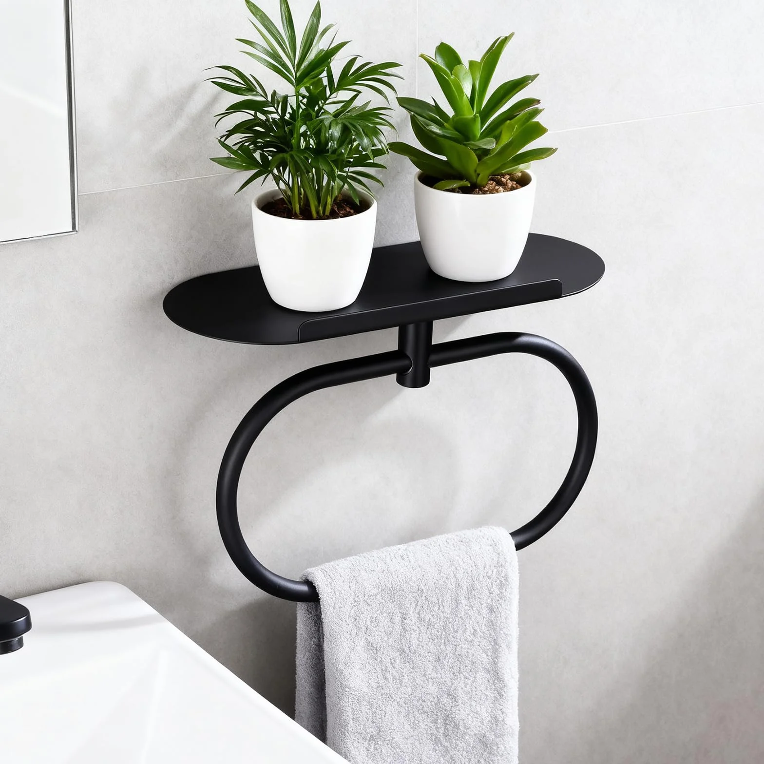 DIY ZON Anneau Porte-Serviettes Acier Inoxydable Auto-Adhésif Mural Salle de Bain Cuisine Noir