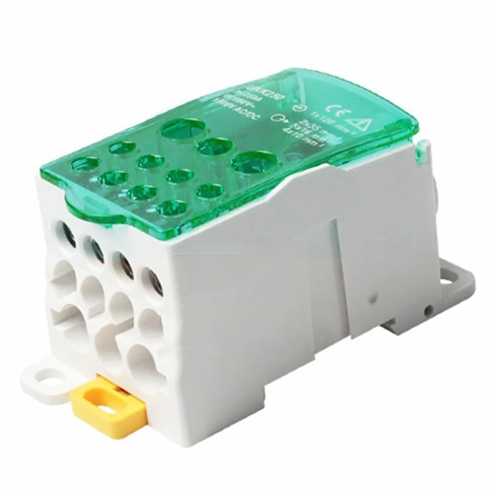 Yhenlovtt Boîte de jonction bornier rail DIN 80 A - 500 A Connecteur distribution alimentation unipolaire vert PC ignifuge laiton étamé 250 A