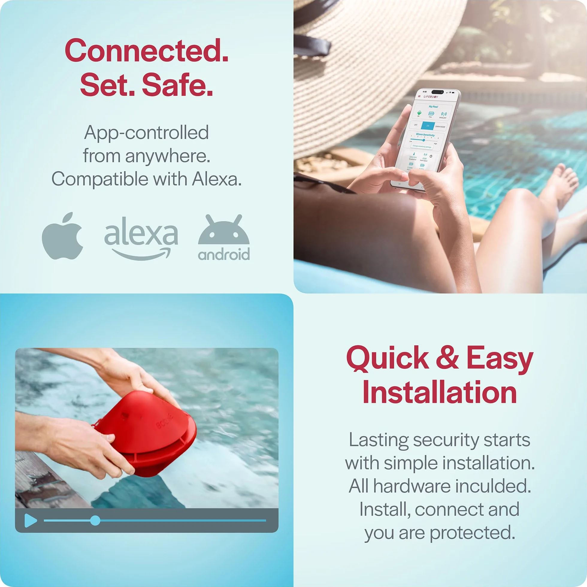 Lifebuoy BCone : Système d'alarme de sécurité Flottant pour Piscine avec bouée supplémentaire. Compatible Alexa et Google Assistant. Connectivité Wi-FI, contrôle par Application. Alarme puissante.