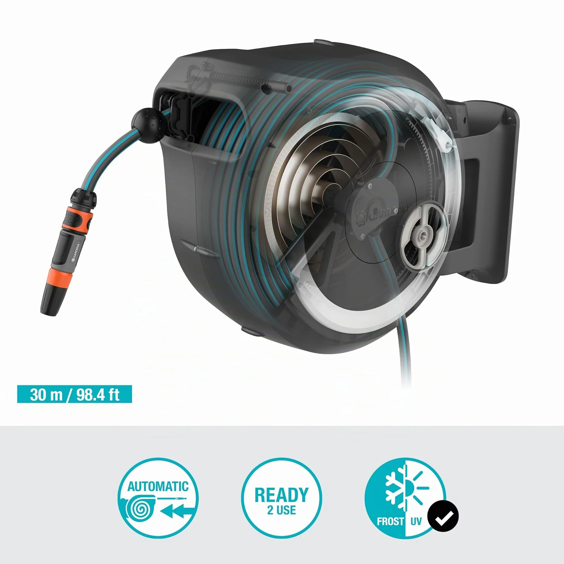 Gardena Enrouleur de Tuyau Mural Rollup L 30m Ø13mm Dévidoir pivotant 180° Kit Complet Lance Raccord Tuyau Support Mural Inclus