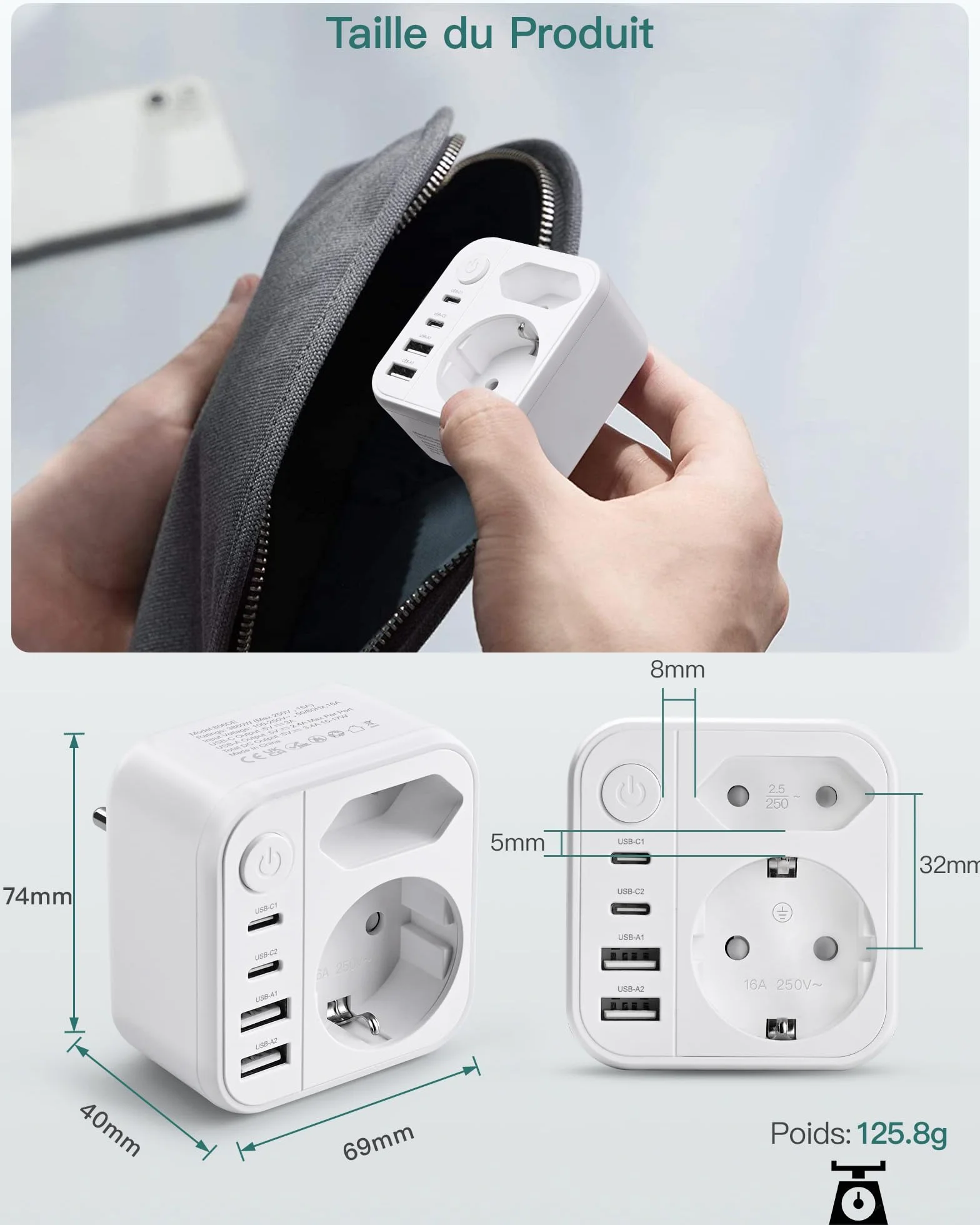 Prise Multiple 6-en-1 Multiprise avec 2 Ports USB A & USB C Prise Murale Interrupteur 4000W/16A Double Prise