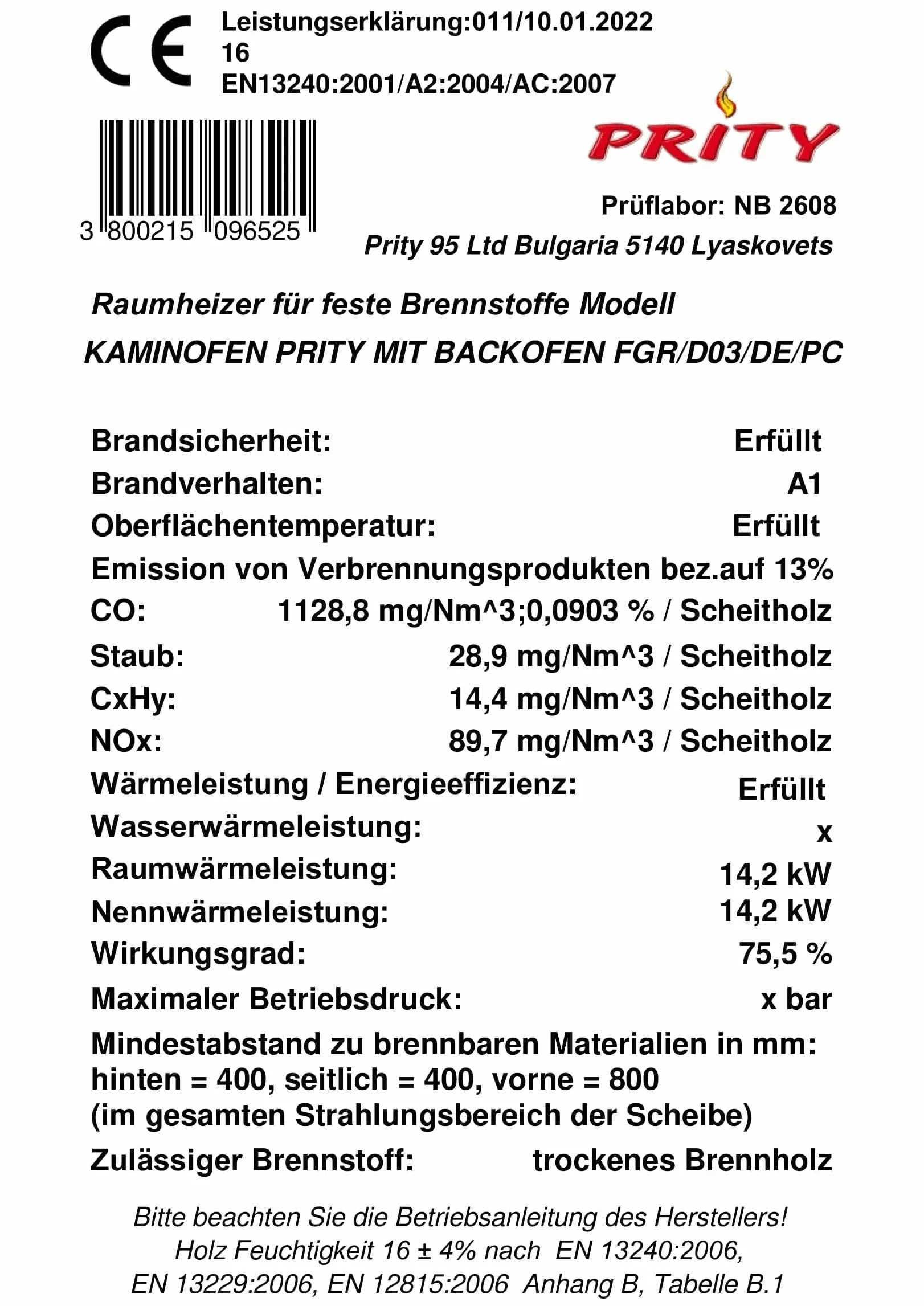 Poêle à Bois avec Four BALKAN ENERGY FG R 14.2 kW