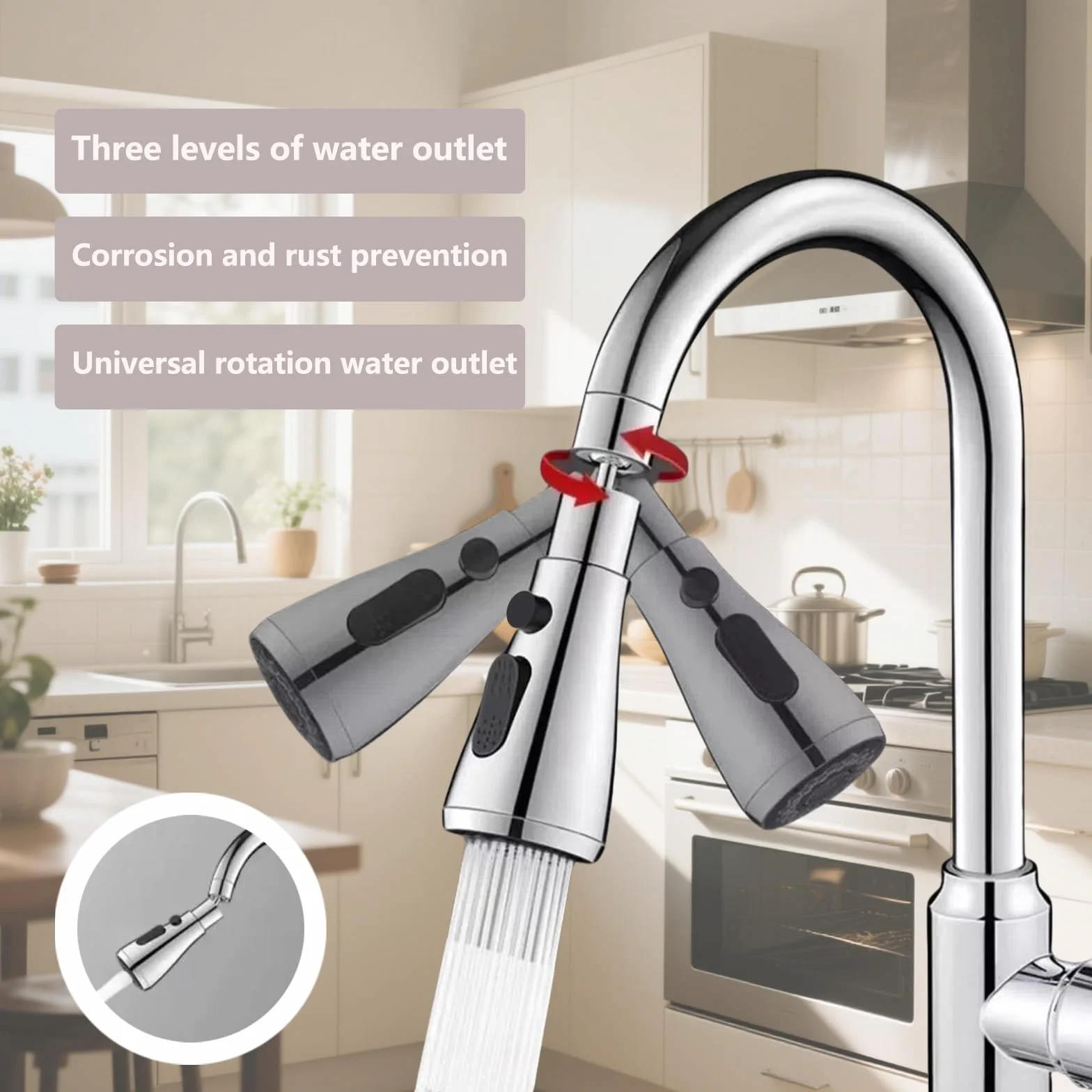 Douchette Evier Cuisine 360° Rotatif 3 Modes Mousseur Robinet Anti-Éclaboussures Embout Universel Laiton Adaptateurs Multi-Tailles