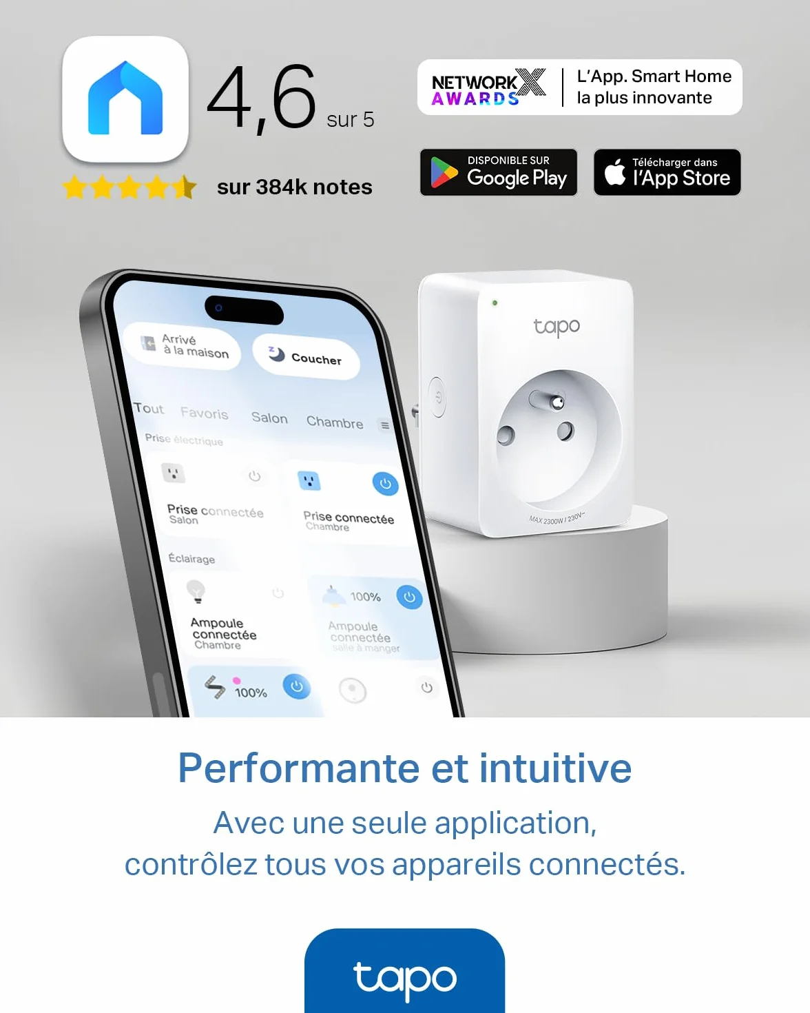 Tapo Prise Connectée WiFi Intelligente 10A Type E Compatible Alexa Google Home Tapo P100 1 Pack