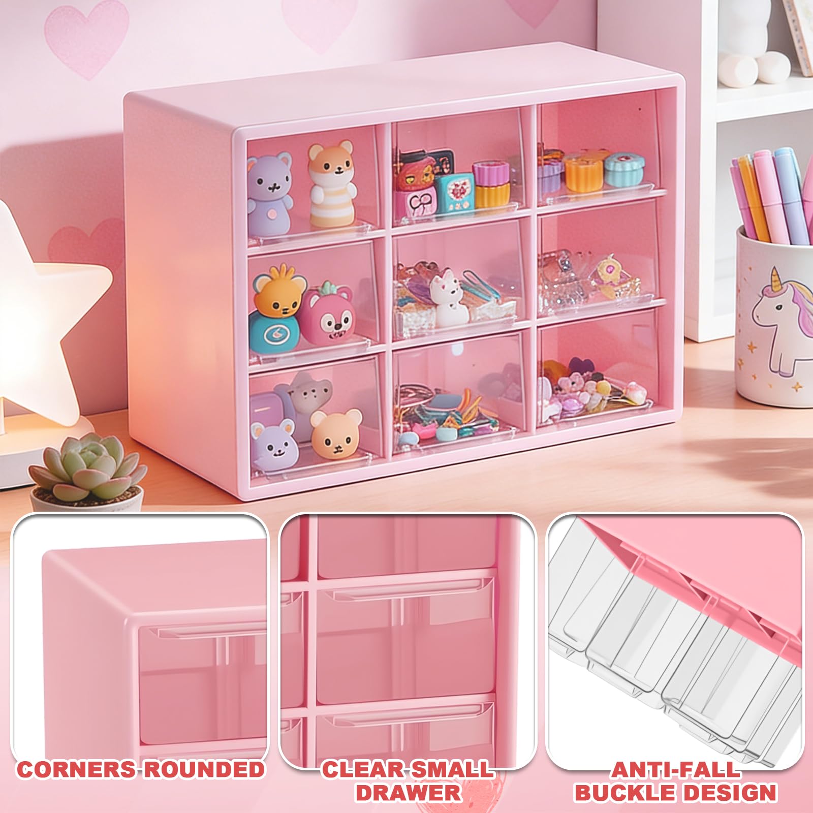 Pink Clear 9-Compartment Desk & Drawer Organizer