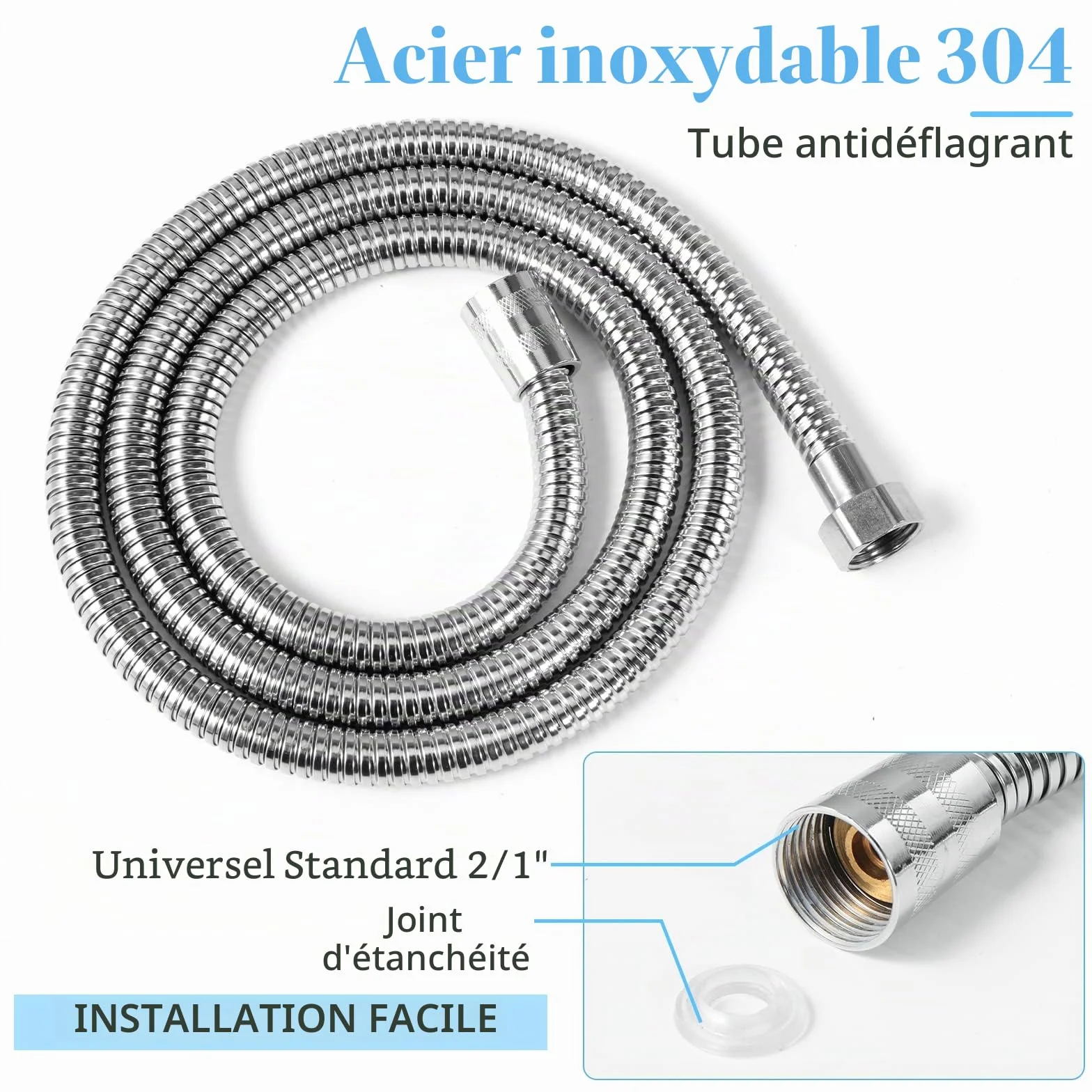 Pommeau de douche 1,5 m tuyau en acier 5 fonctions jets haute pression ABS chromé anticalcaire