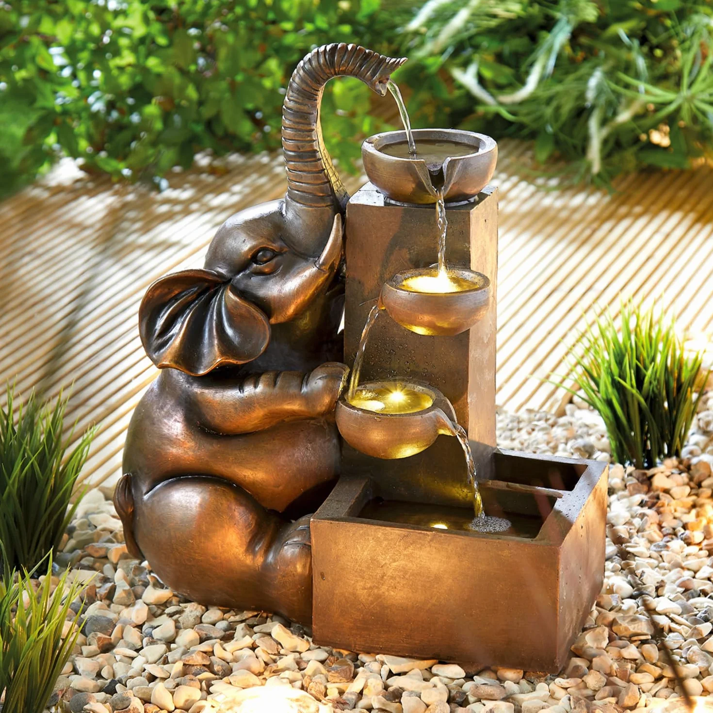3 PAGEN® Fontaine solaire éléphant extérieure - Cascade - Éclairage d'ambiance - Résistant aux intempéries - Fonctionne à l'énergie solaire - Idéale pour le jardin
