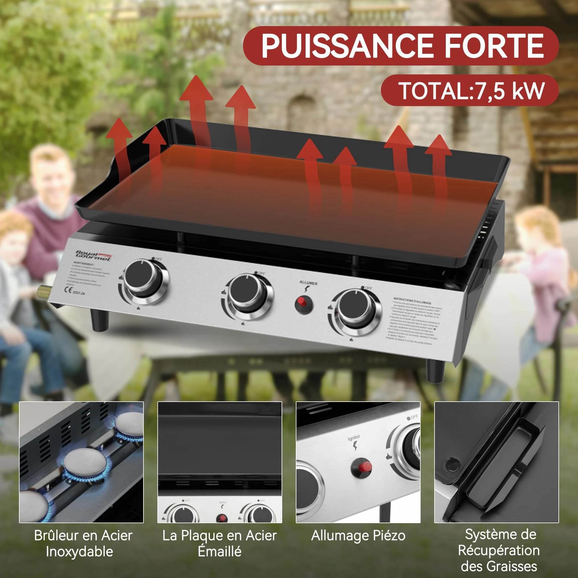 Royal Gourmet Plancha Gaz sur Chariot, 3 Brûleurs Puissance 7.5 kW, Plaque Amovible de Surface Cuisson 62,0 x 35,5 cm, Avec 2 Tablettes et 2 Roues, Portable pour Jardin et l' Extérieur, Noir