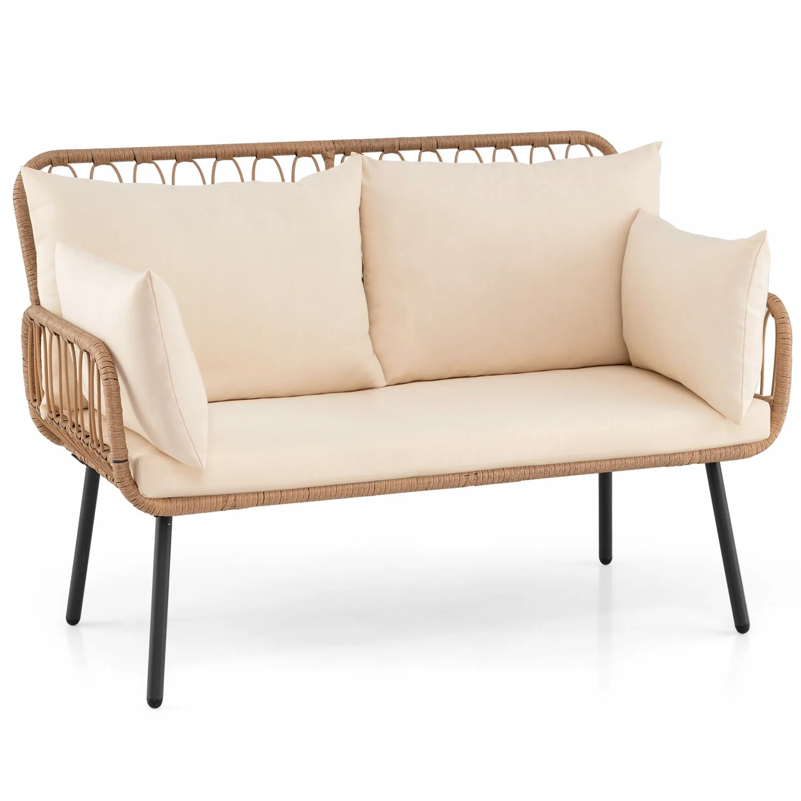 COSTWAY Canapé de Jardin 2 Places en Rotin PE, Banc de Jardin avec Coussins, Oreillers, Cadre en Métal, Pieds Réglables, Banquette pour Balcon Terrasse Piscine, Charge 300 kg, 118 x 62 x 81 cm