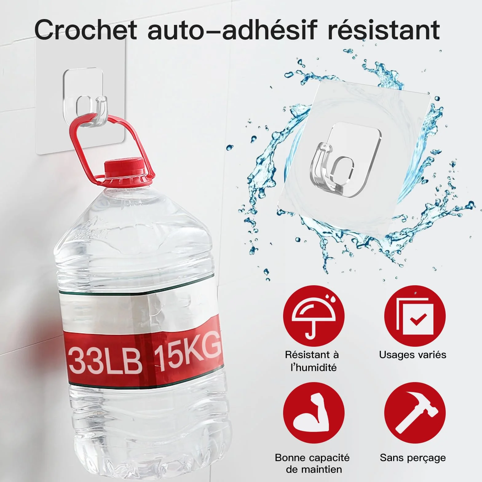 Crochets adhésifs transparents extra puissants 15 kg, 10 pièces - Latoxcaa