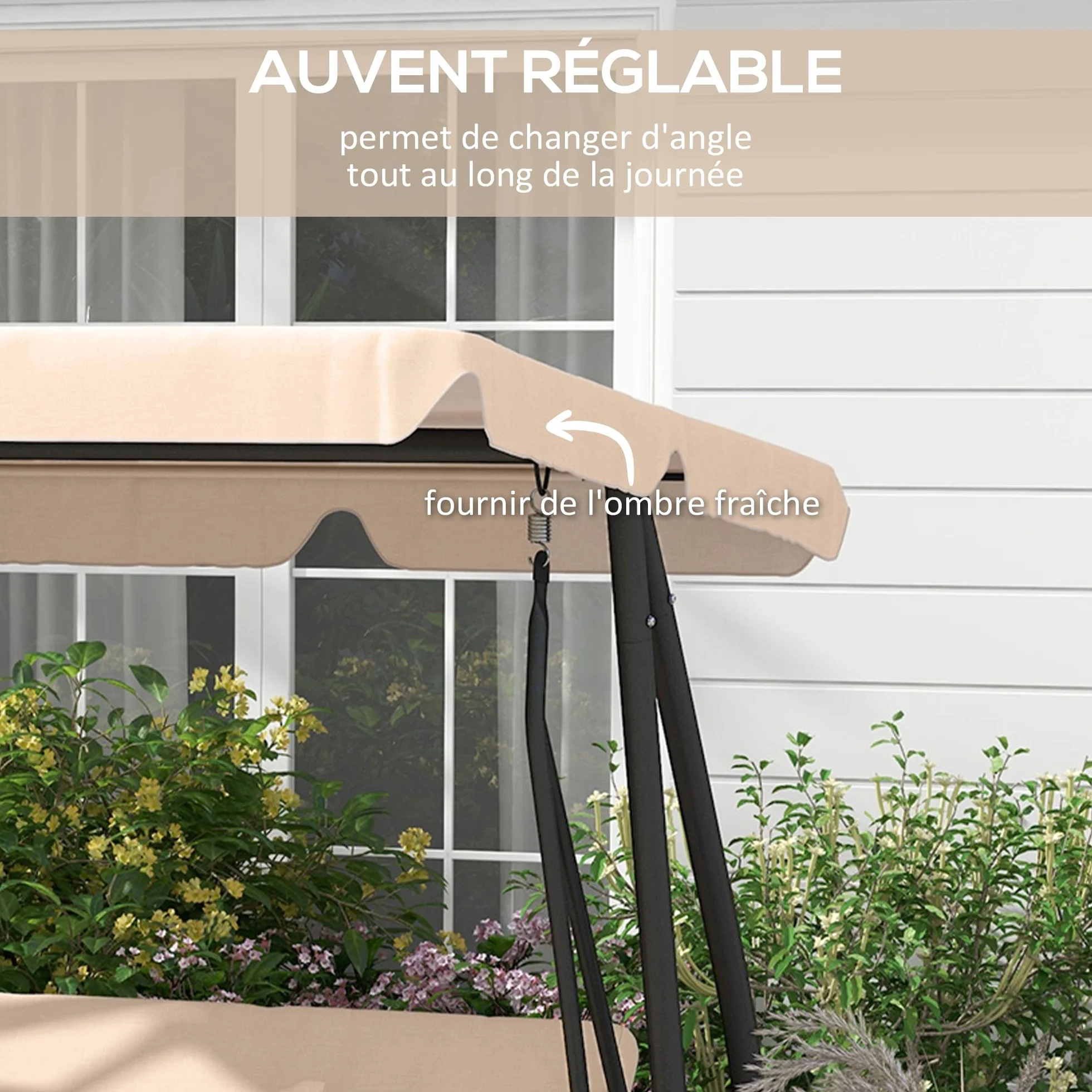 Outsunny Balancelle de Jardin 3 Places Convertible Toit Inclinaison réglable Métal Noir Polyester