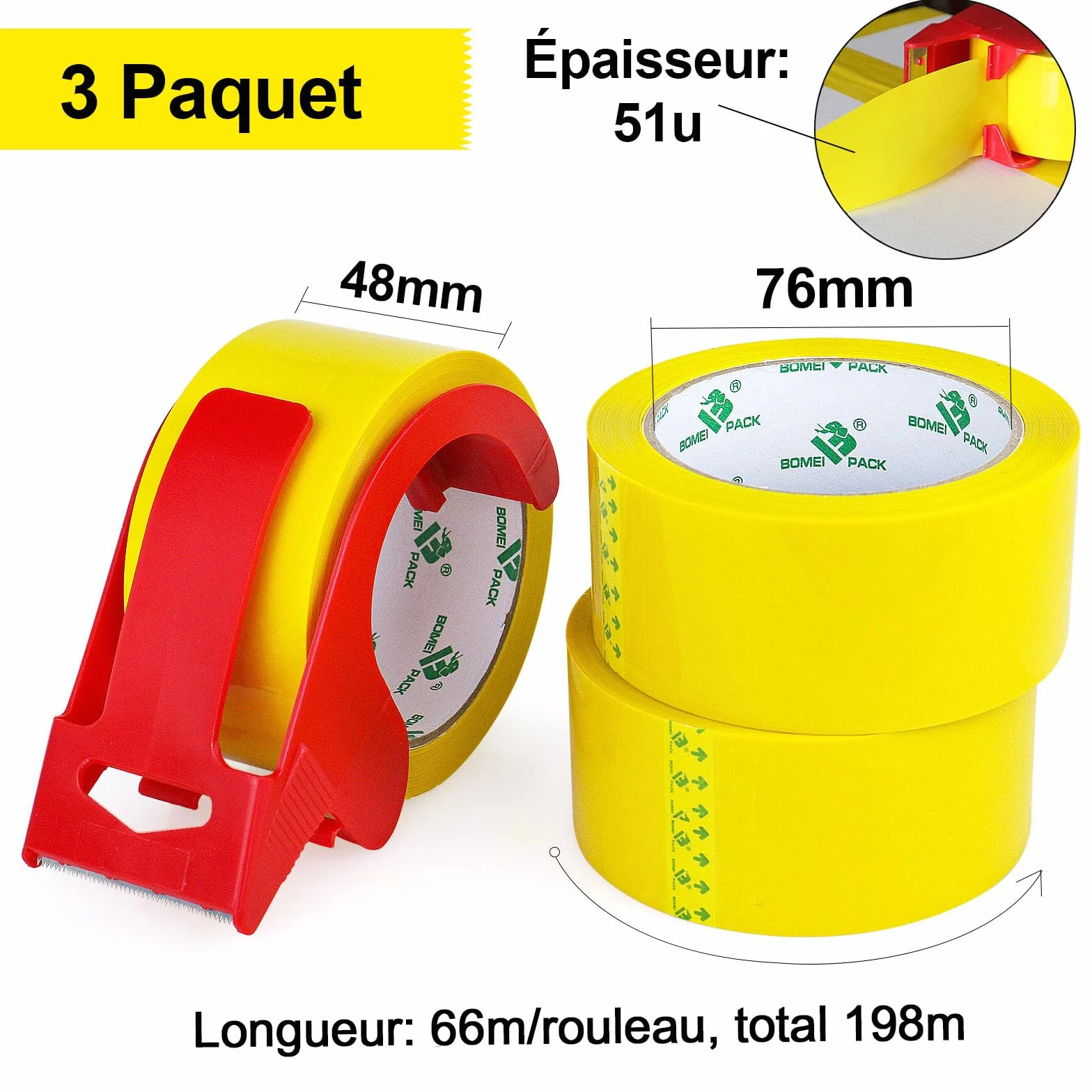 BOMEI PACK Ruban d’emballage 66m x 48mm 3 rouleaux avec dévidoir adhésif fort Jaune