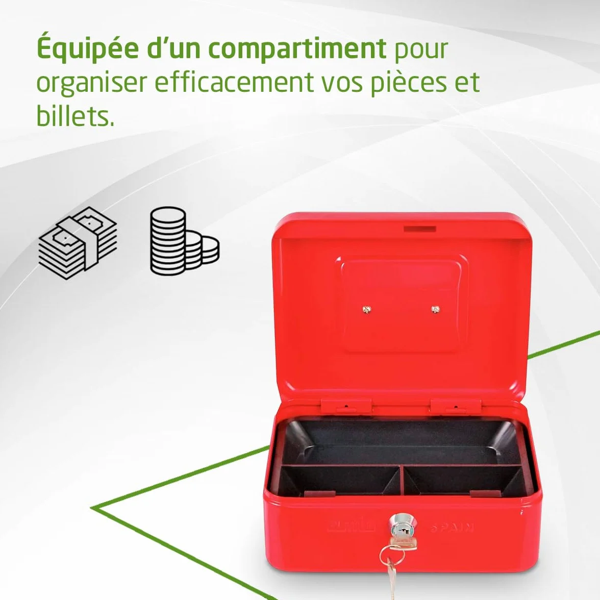 Amig Coffre-fort Acier Rouge 150 x 110 x 70 mm avec Plateau à monnaie et 2 clés