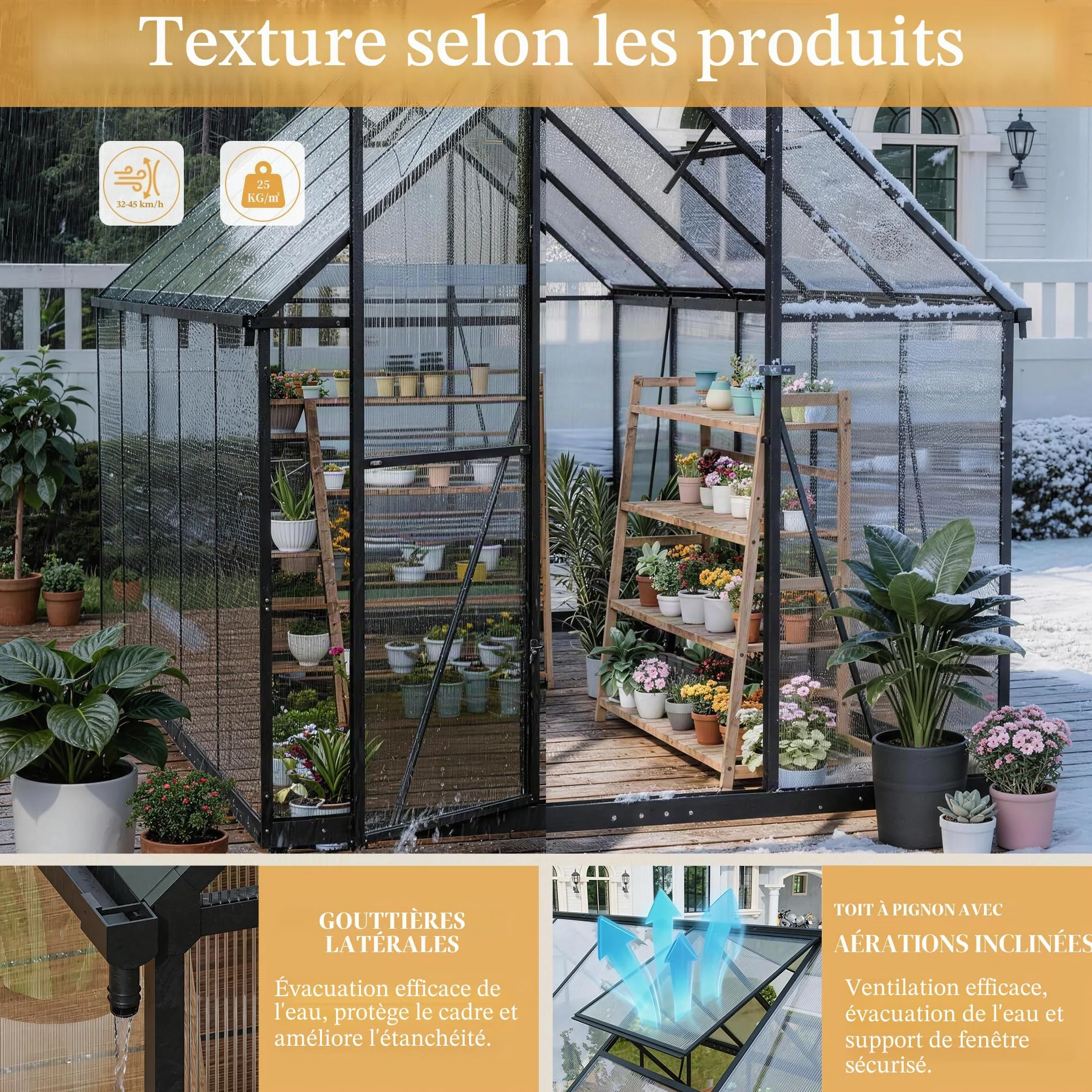 Serre de jardin en polycarbonate de 6 x 10 pieds praticable, maison de plantes de jardin extérieur avec ventilation, porte verrouillable, cadre en aluminium