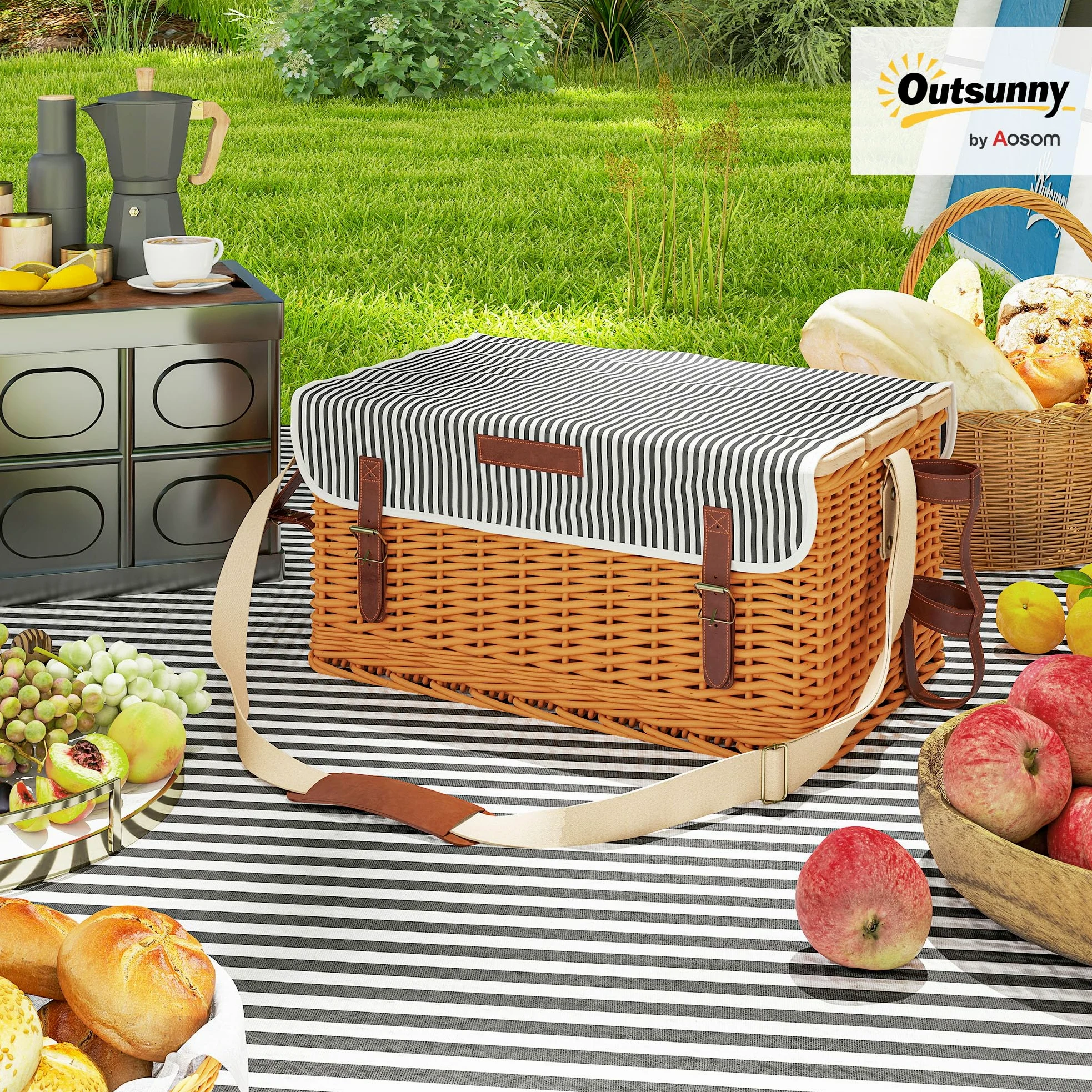 Outsunny Panier Pique-Nique en Osier 4 Personnes avec Table à vin en pin, Panier de Pique-Nique avec Sangle Ajustable pour extérieur, Camping, fête, Anniversaire, Noël, Marron Clair