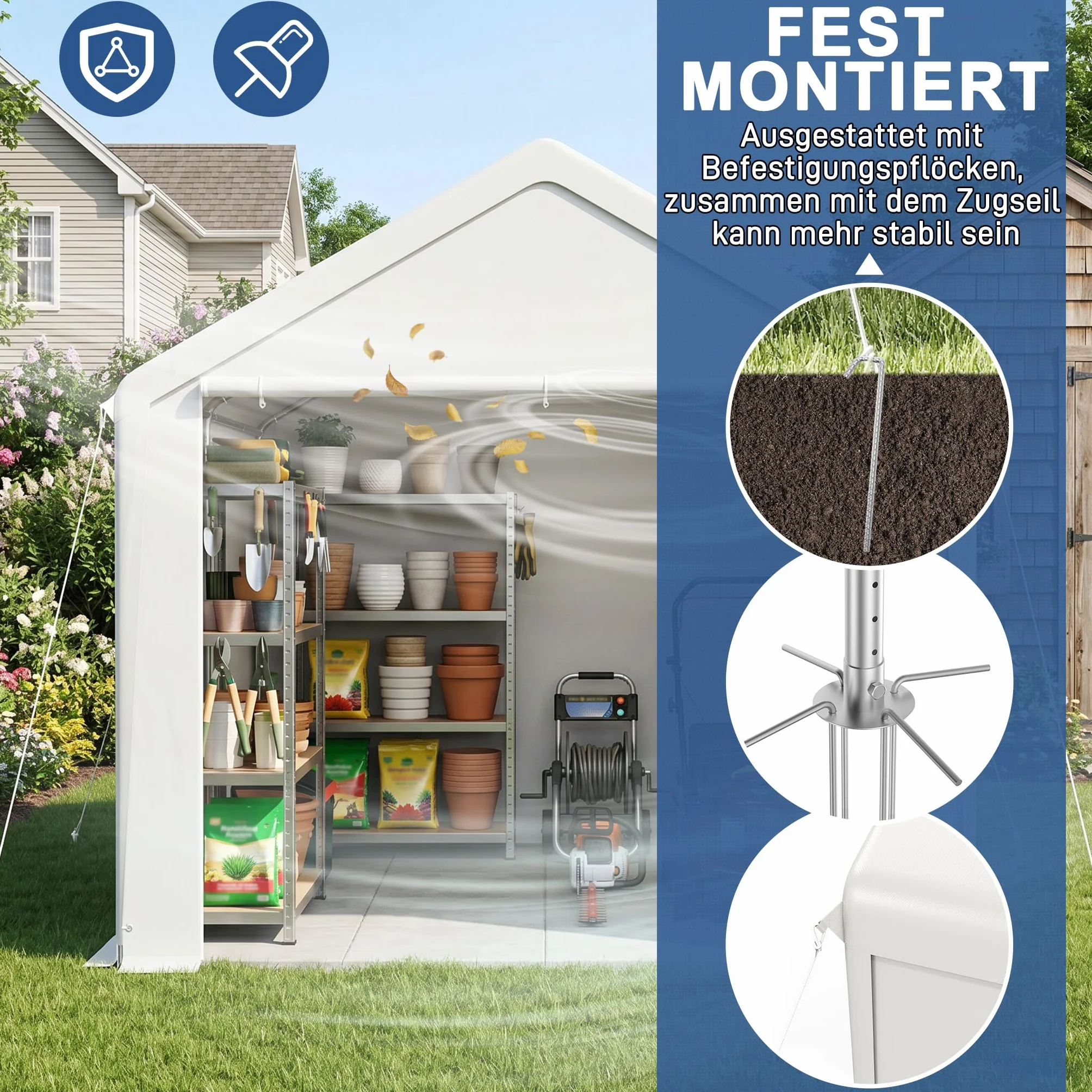 Carport Tente de garage 3 x 4 m, avec bâche en polyéthylène résistante aux intempéries, avec cadre en acier galvanisé, avec piquets et haubans, abri pour voiture, appareils et fournitures