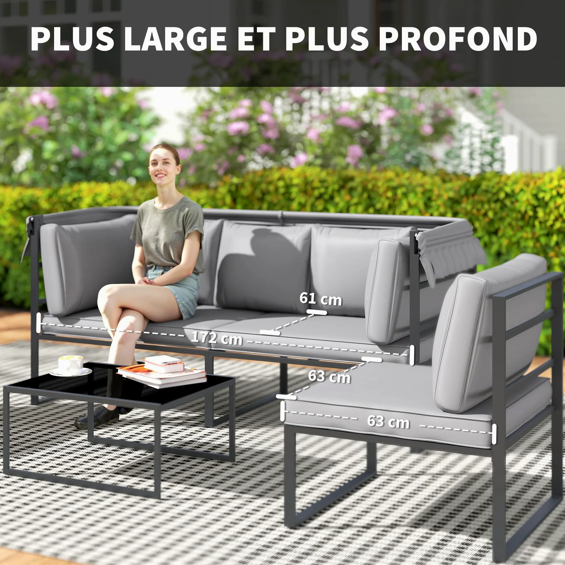 Outsunny Salon de Jardin extérieur 4 pièces modulaire avec canapé 3 Places, 2 fauteuils et Table Basse en Verre trempé, mobilier de Jardin avec Coussins Inclus pour terrasse ou véranda, Gris