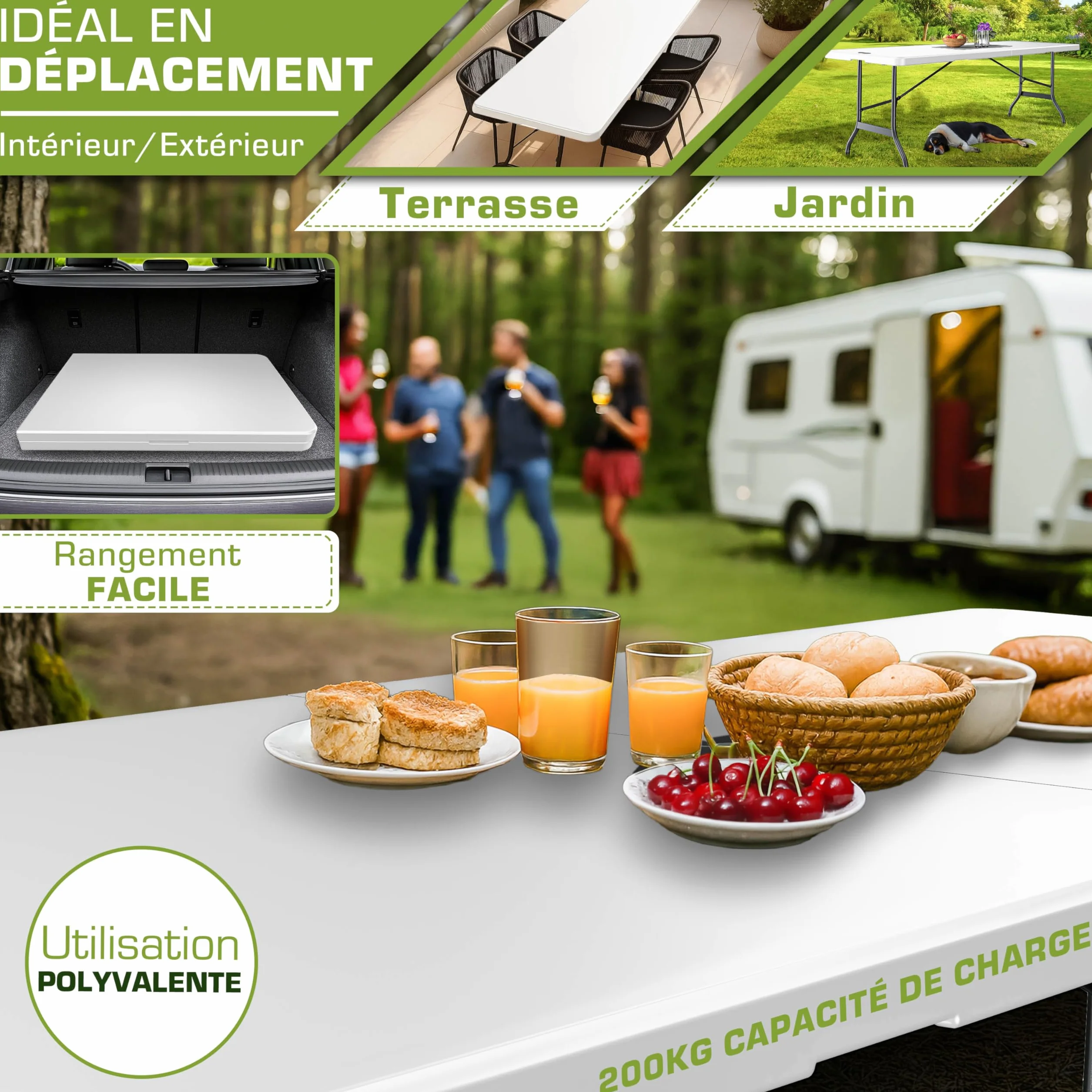 Tillvex Table de Jardin Pliante en Plastique 180x75 cm avec Poignée 8 Personnes