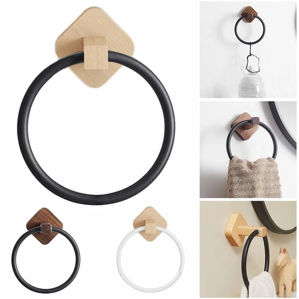 Porte-serviettes mural moderne en bois massif, design sans perçage avec barre en aluminium noir mat, organisateur d'anneau de serviette de salle de bain peu encombrant (noir hêtre)