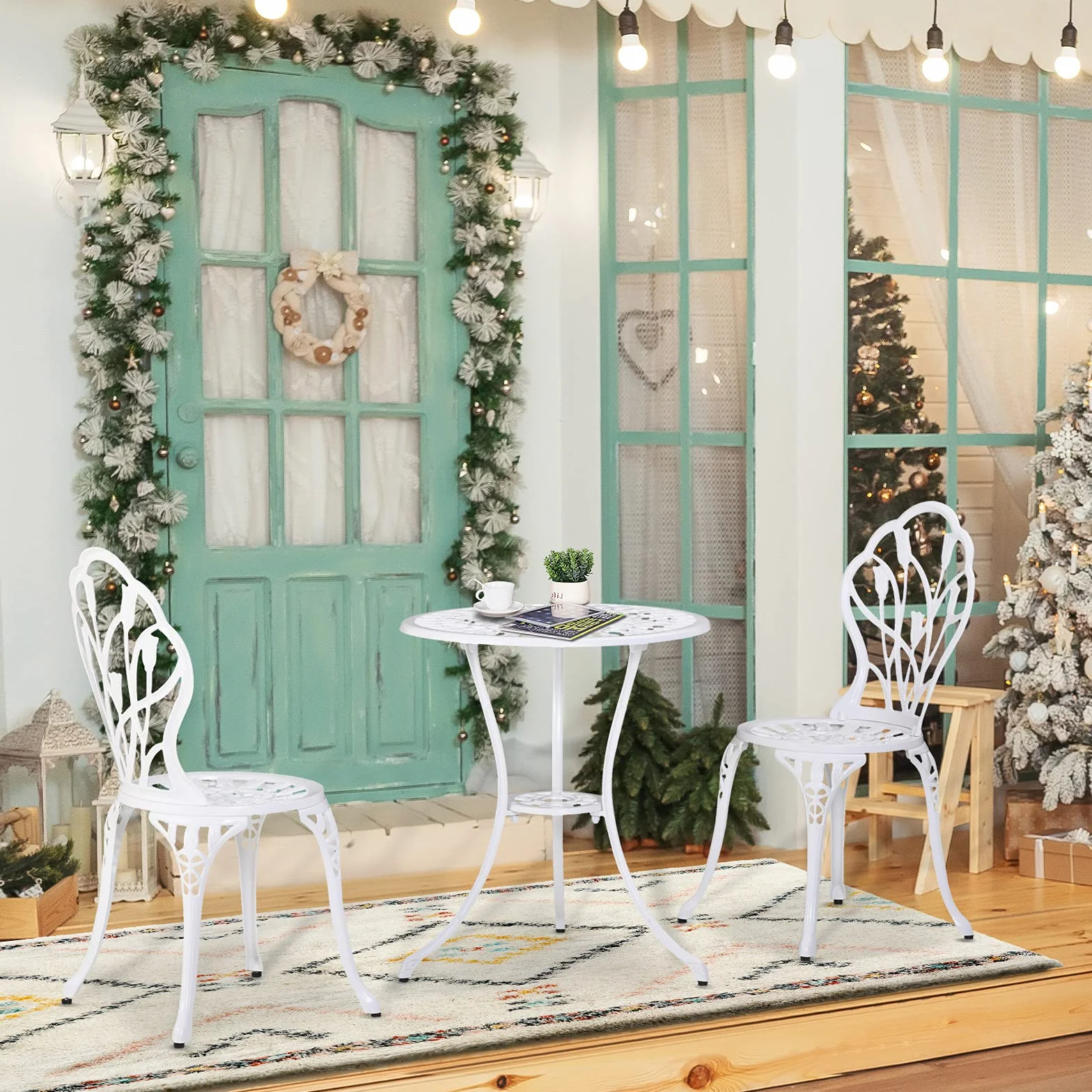 Outsunny Salon de Jardin 2 Places Table Ronde Fonte Aluminium Imitation Fer Forgé Blanc