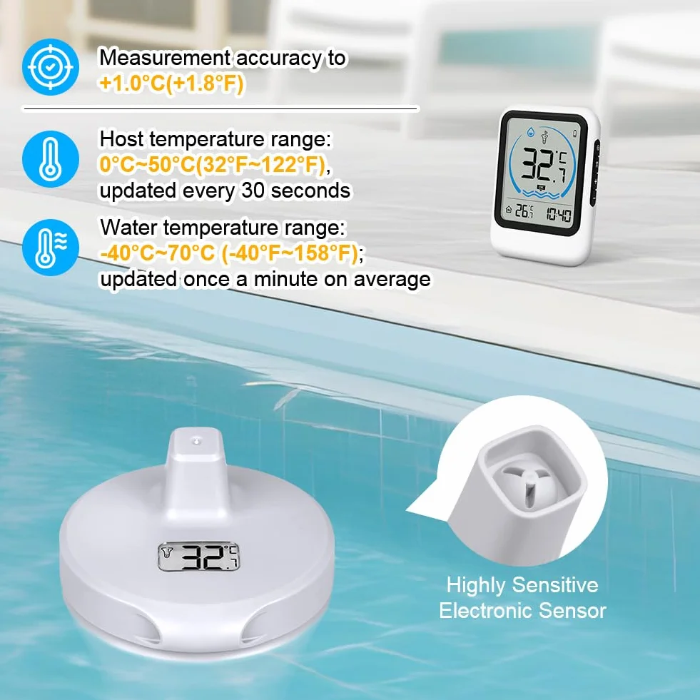OFFCUP Thermomètre Piscine Flottant Sans Fil IP67 Étanche Numérique Intérieur Extérieur