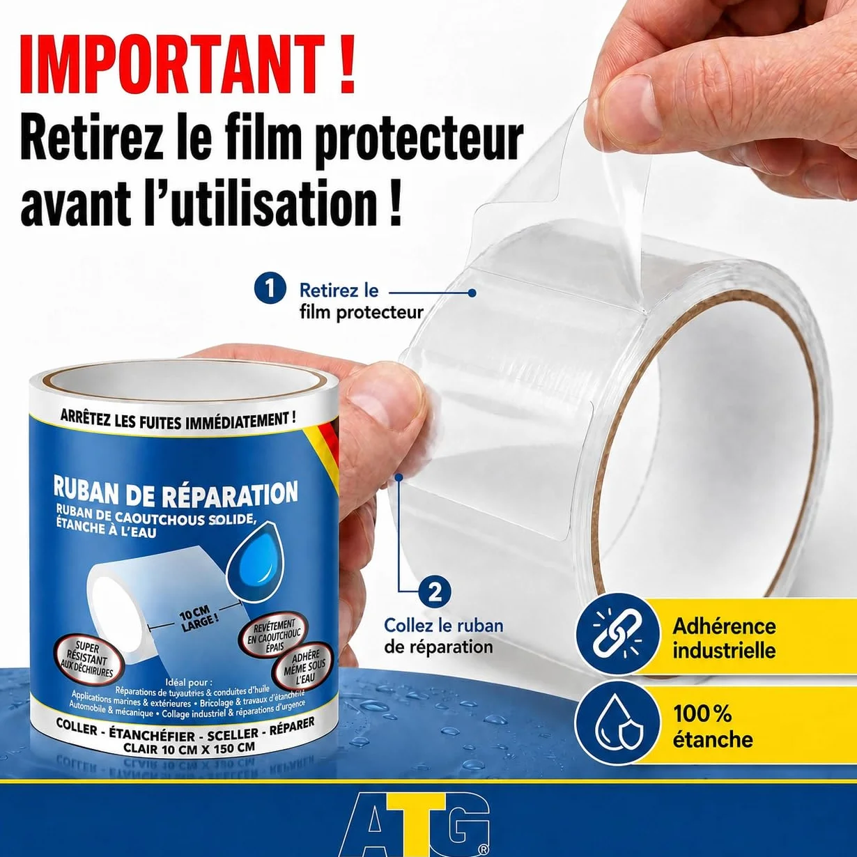 ATG® Kit réparation piscine sous l’eau – scotch étanche transparent 10×150 cm, ruban adhésif PVC