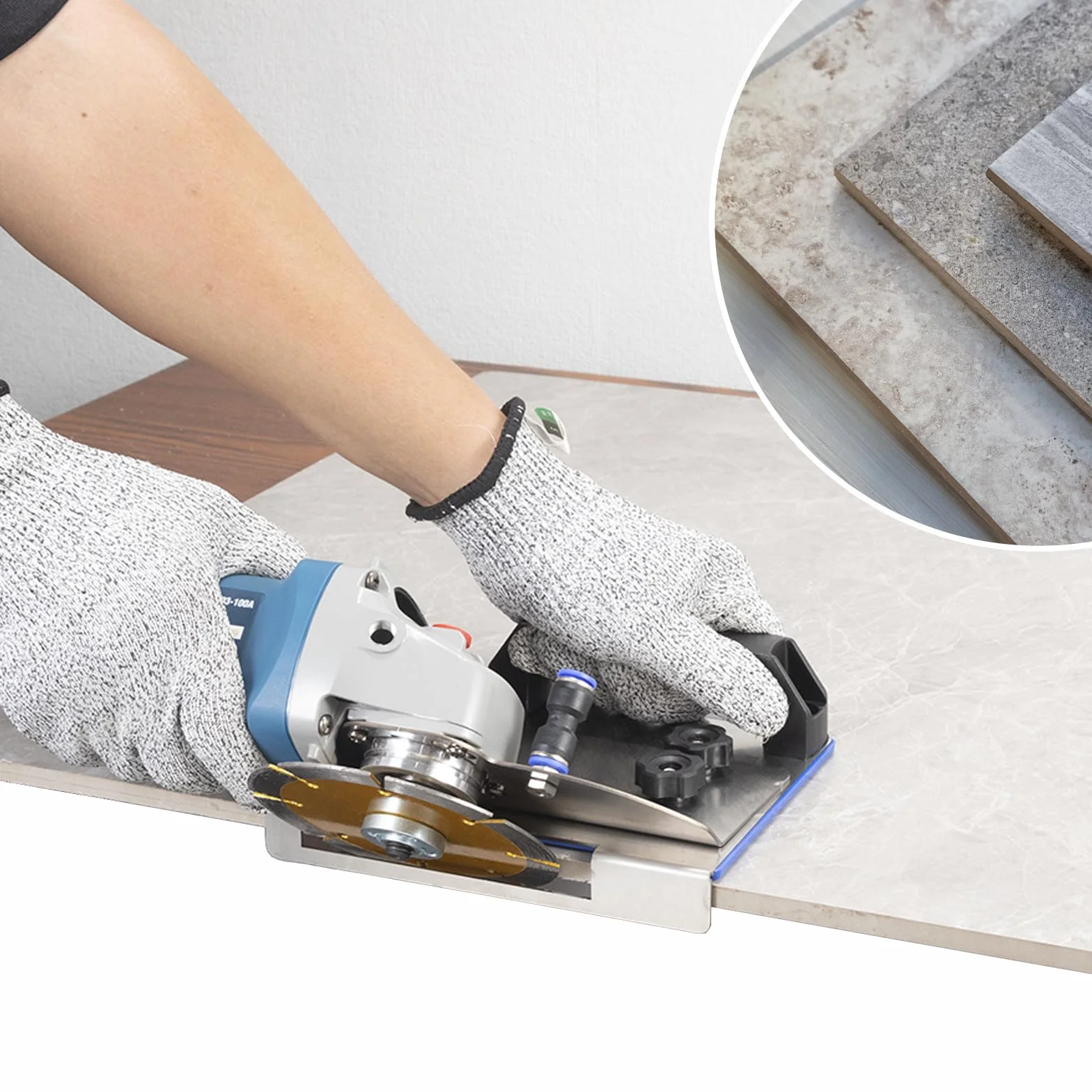 Support pour Meuleuse d'Angle 45° avec Tapis Antidérapant, Réglable pour Meuleuses Type 100, Outil pour Chanfreinage de Carrelage, Céramique et Pierre