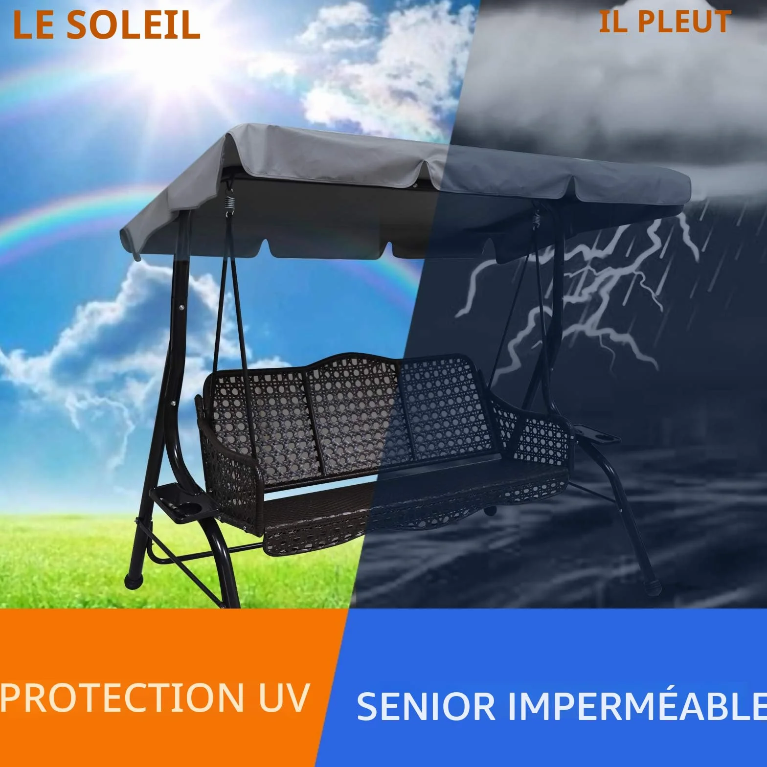 Toit de Rechange pour Balancelle de Jardin, Housse de Rechange, Toit de balançoire, Canopée pour Balancelle Remplacement de l'Auvent de Balançoire Extérieure pour Balançoire de Jardin 3 Places (S)