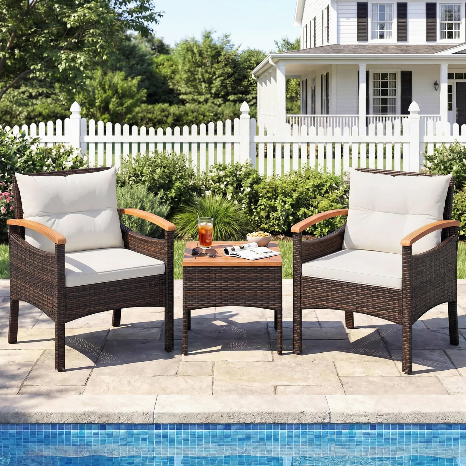 COSTWAY Salon de Jardin Exterieur 3 Pièces en Rotin PE, Ensemble de Meubles 2 Fauteuils Table Basse Plateau en Bois d'Acacia avec Coussin Amovible, pour Jardin Balcon Piscine (Beige)