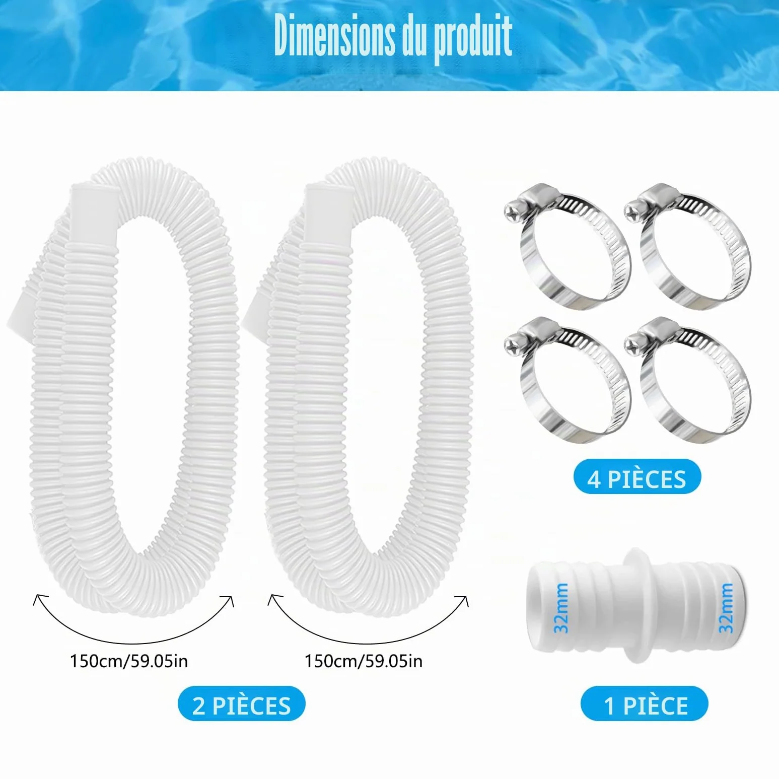 Lot de 2 tuyaux de piscine de 32 mm pour pompes de piscine avec 4 clips de sécurité et 1 raccord de tuyau, tuyau de piscine de 150 cm et 32 mm, pour pompe à filtre et piscine