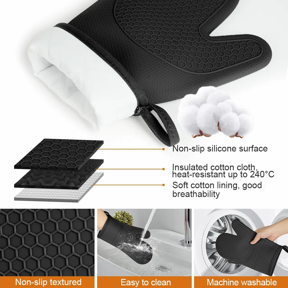 AUAUY 1 Paire Gants de Cuisine en Silicone avec 2 Maniques, Gants de Four Résistant à La Chaleur jusqu'à 240 °C, Gants de Cuisine Antidérapants pour Grillades, Cuisine, Four, Micro-Ondes, Noir