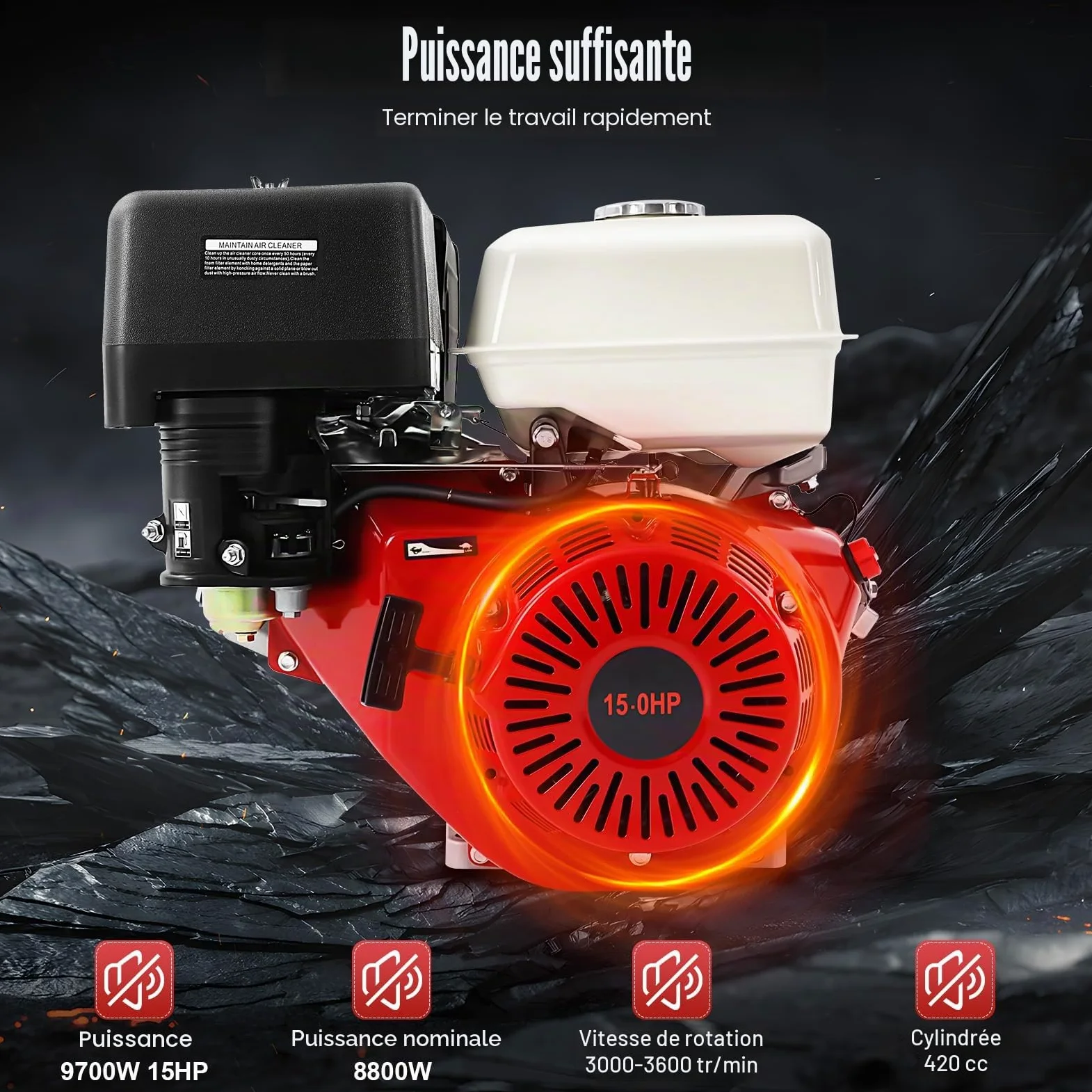 Moteur à essence 4 temps 15 CV 420 cc - Moteur sur pied - Moteur de kart - Moteur industriel - Monocylindre refroidi par air 9,7 kW - 3600 tr/min - Pour karts, pompes à eau, pelleteuses et