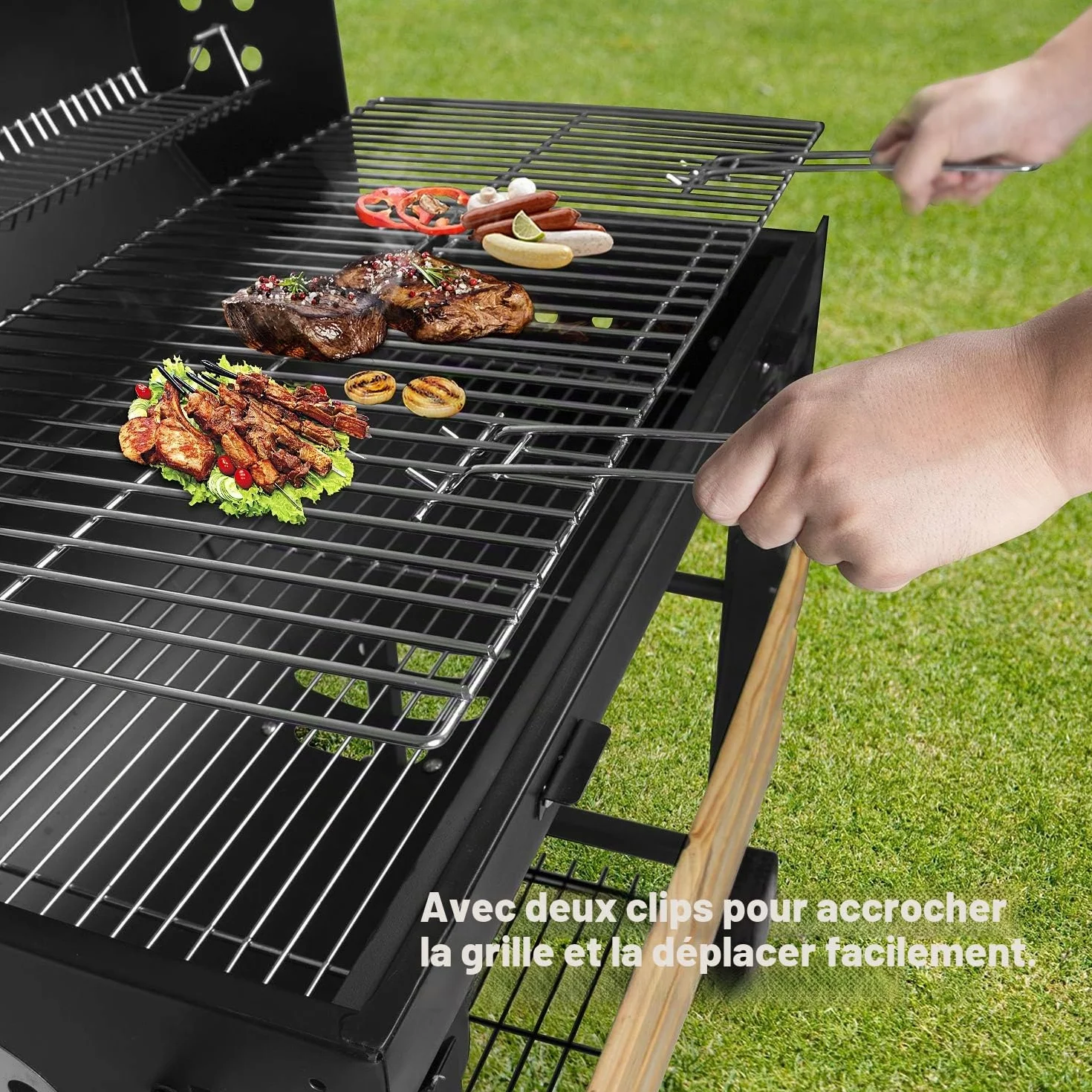 Barbecue à Charbon BBQ de Jardin avec 2 Etagères en Bois 101×70.5×94.5CM