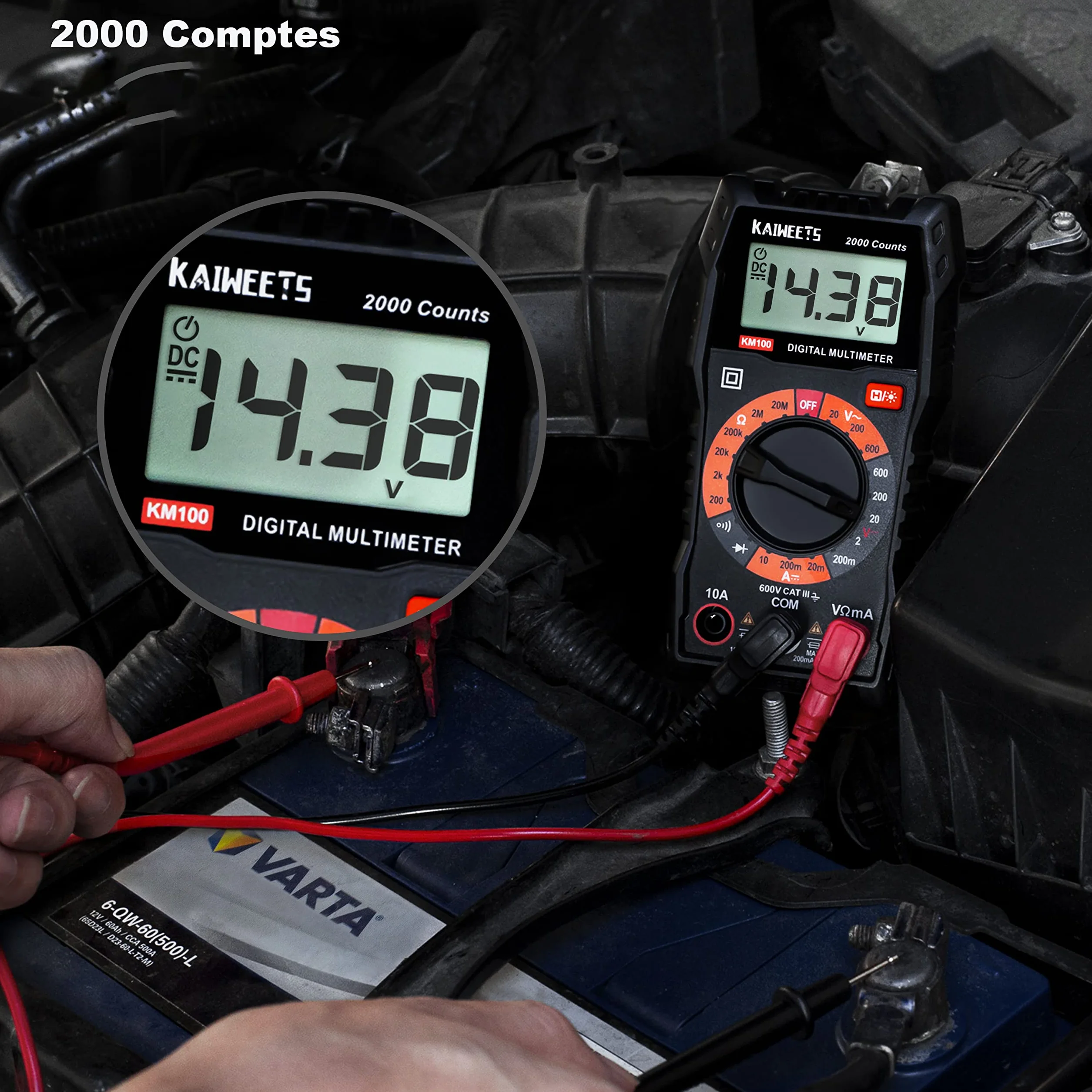 KAIWEETS Multimètre Numérique 2000 Comptes, Testeur Électrique Tension CA/CC Courant CC Résistance Continuité Diode