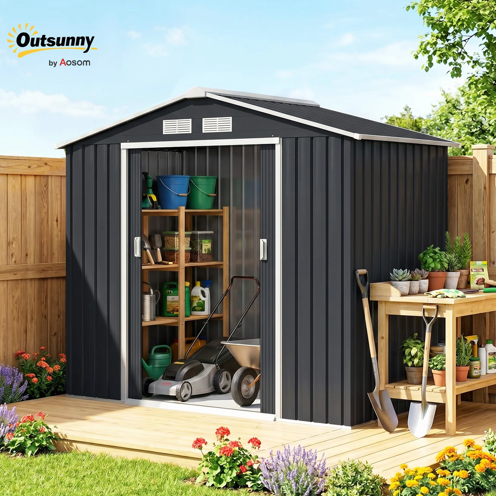Outsunny Abri de Jardin métal 2,77 m² 213x130x185 cm cabanon Rangement Outils Porte coulissante verrouillable Gris foncé