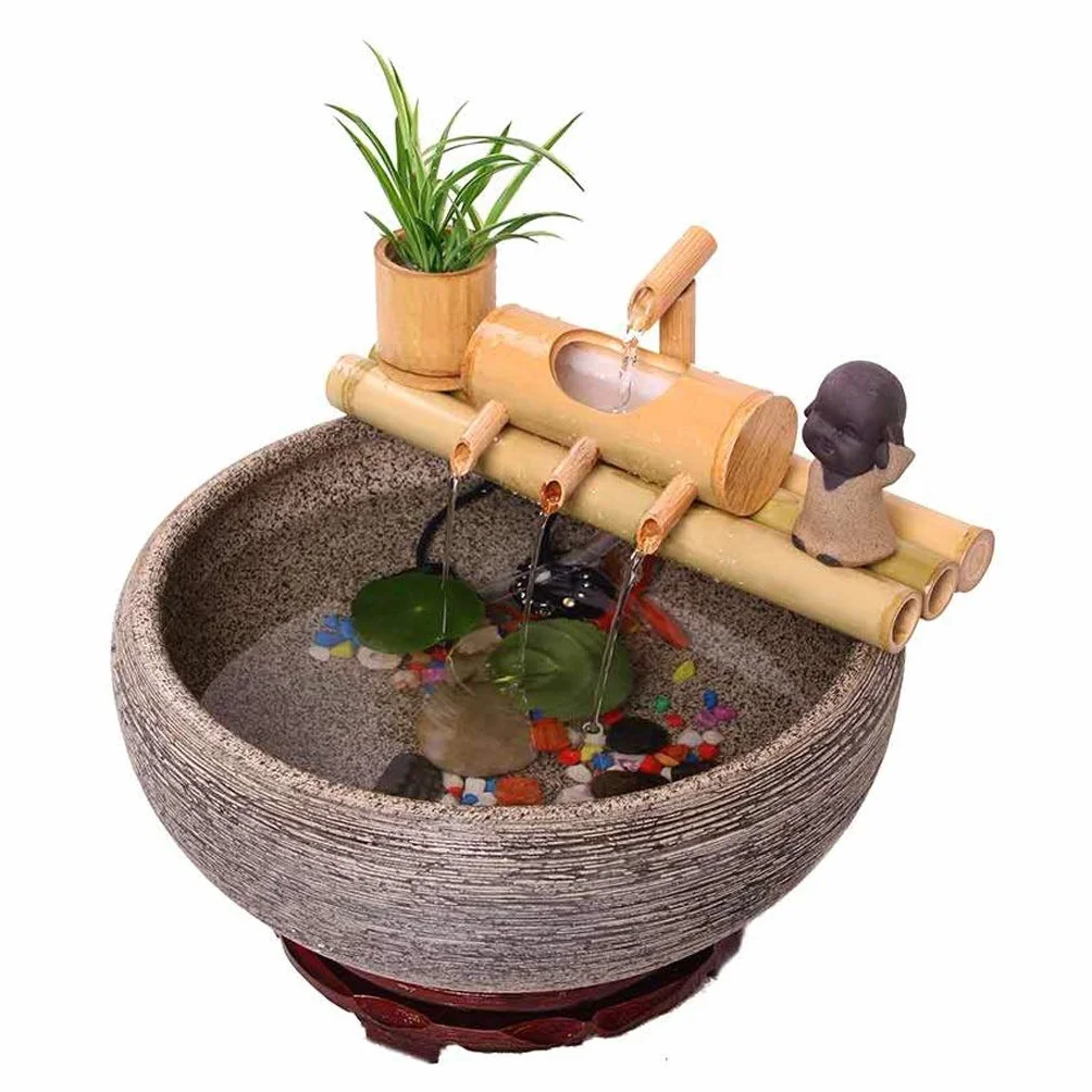 Fontaine d'eau Bambou Zen avec Pompe 7,8 Pouces Base Ronde, Intérieur Extérieur