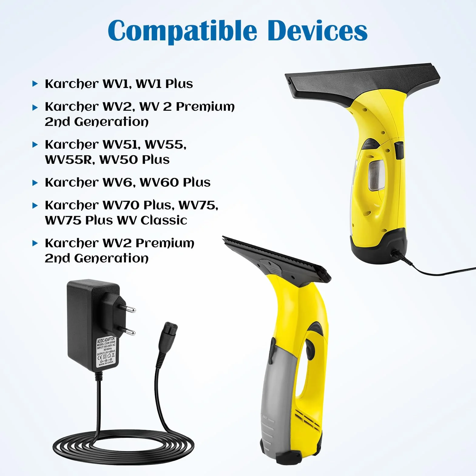 Chargeur Compatible pour Karcher Nettoyeur de Vitres WV2 WV2 Plus WV1 WV50 WV60 WV70 WV75 WV5 WV5 Premium KV4 WV Classic Easy Plus