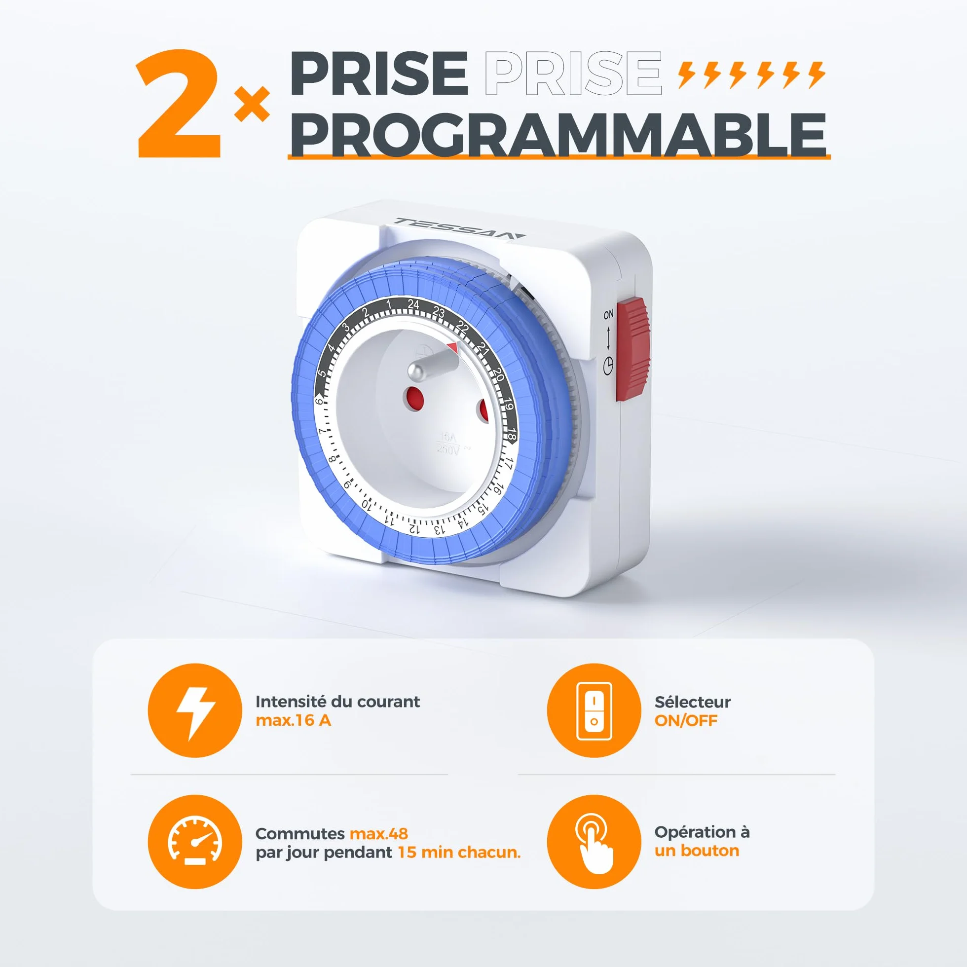 TESSAN Prise Minuteur Programmable 24 Heures 3680W 96 Segments Intervalle 15 Minutes