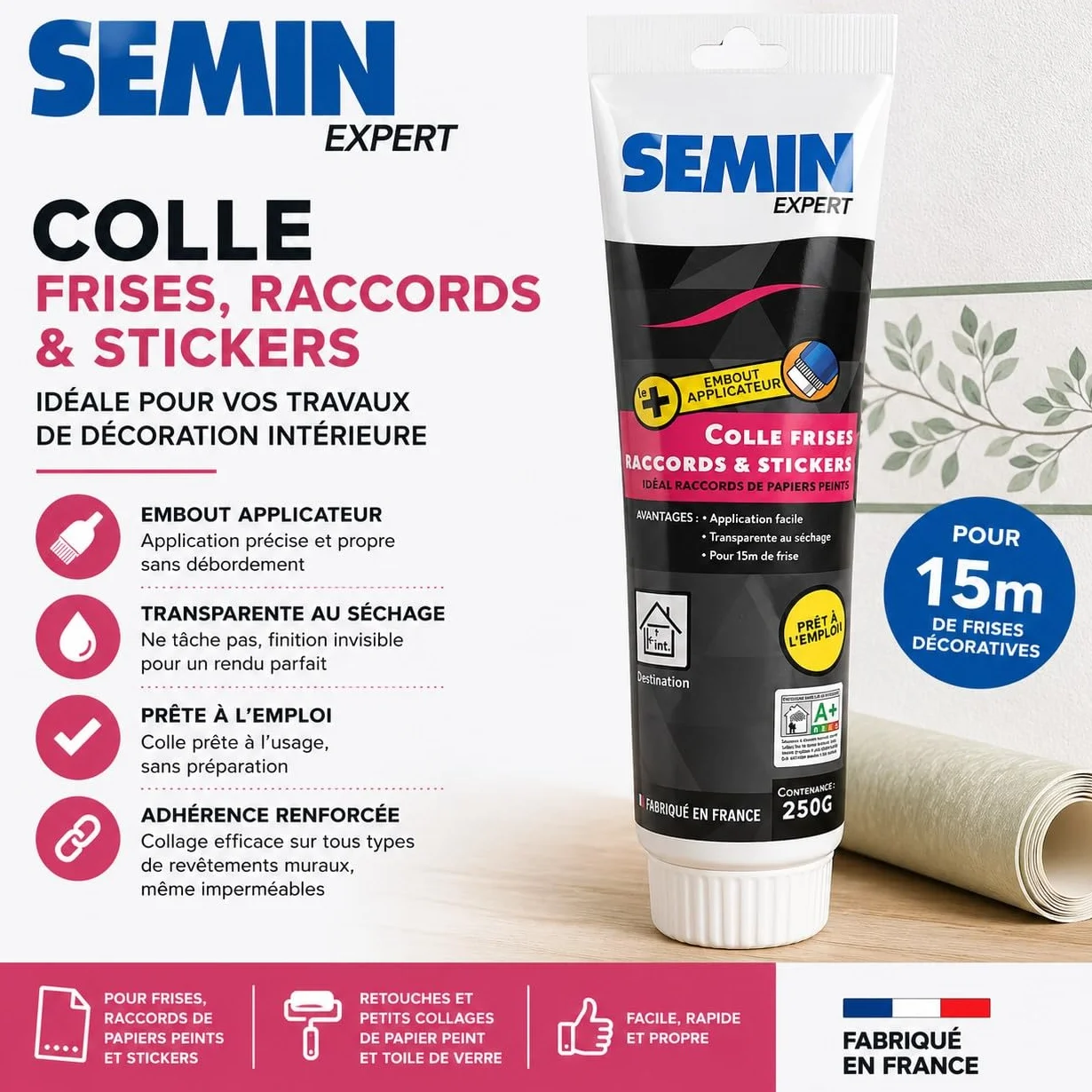 Colle pour Stickers Semin, Frises et Raccords Papiers Peints, Tube 250 g