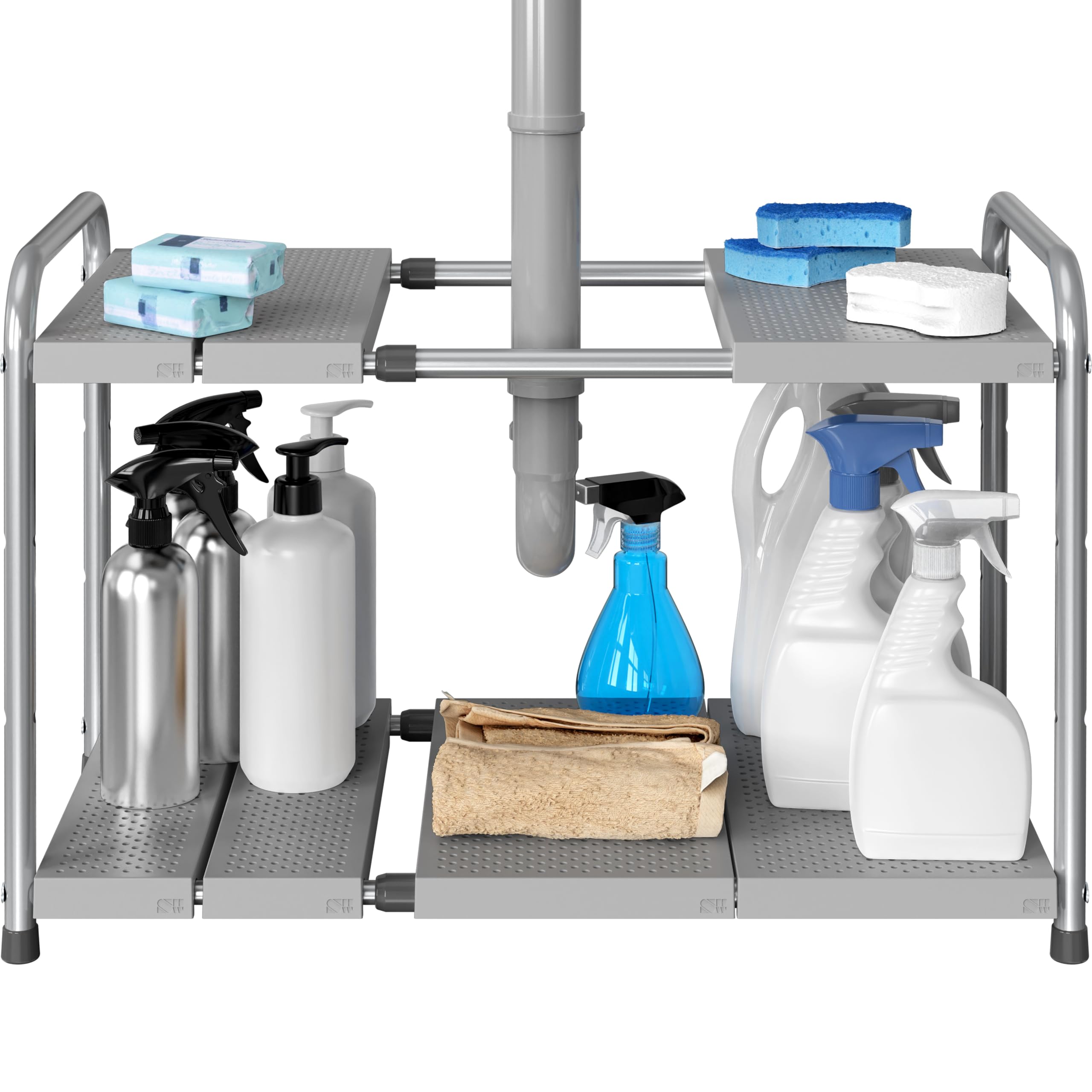 Under Sink Expandable Two-Tier Storage Rack, Silver