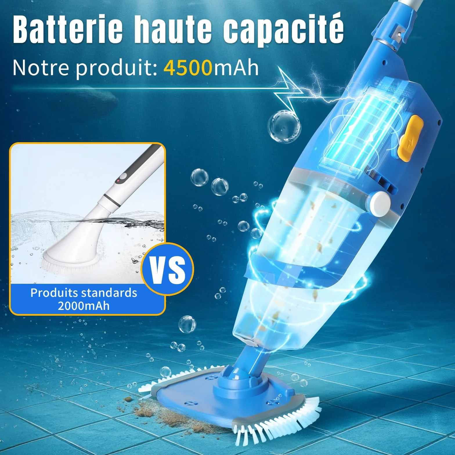 LEADZM Aspirateur Piscine Batterie sans Fil 4500mAh 100L/Min Puissance d'Aspiration Autonomie 60 Min 190×23,7×17cm Bleu