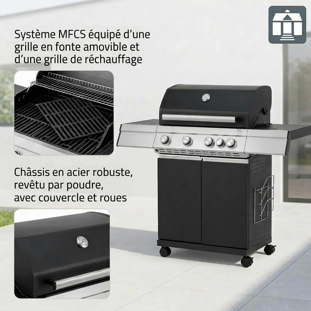 Tarrington House Barbecue à Gaz Paxton, 4 Brûleurs + 1 Latéral, Acier/Acier Inoxydable, 17 kW, Couvercle avec Thermomètre, Table latérale, Allumage électrique, Roulettes, Noir