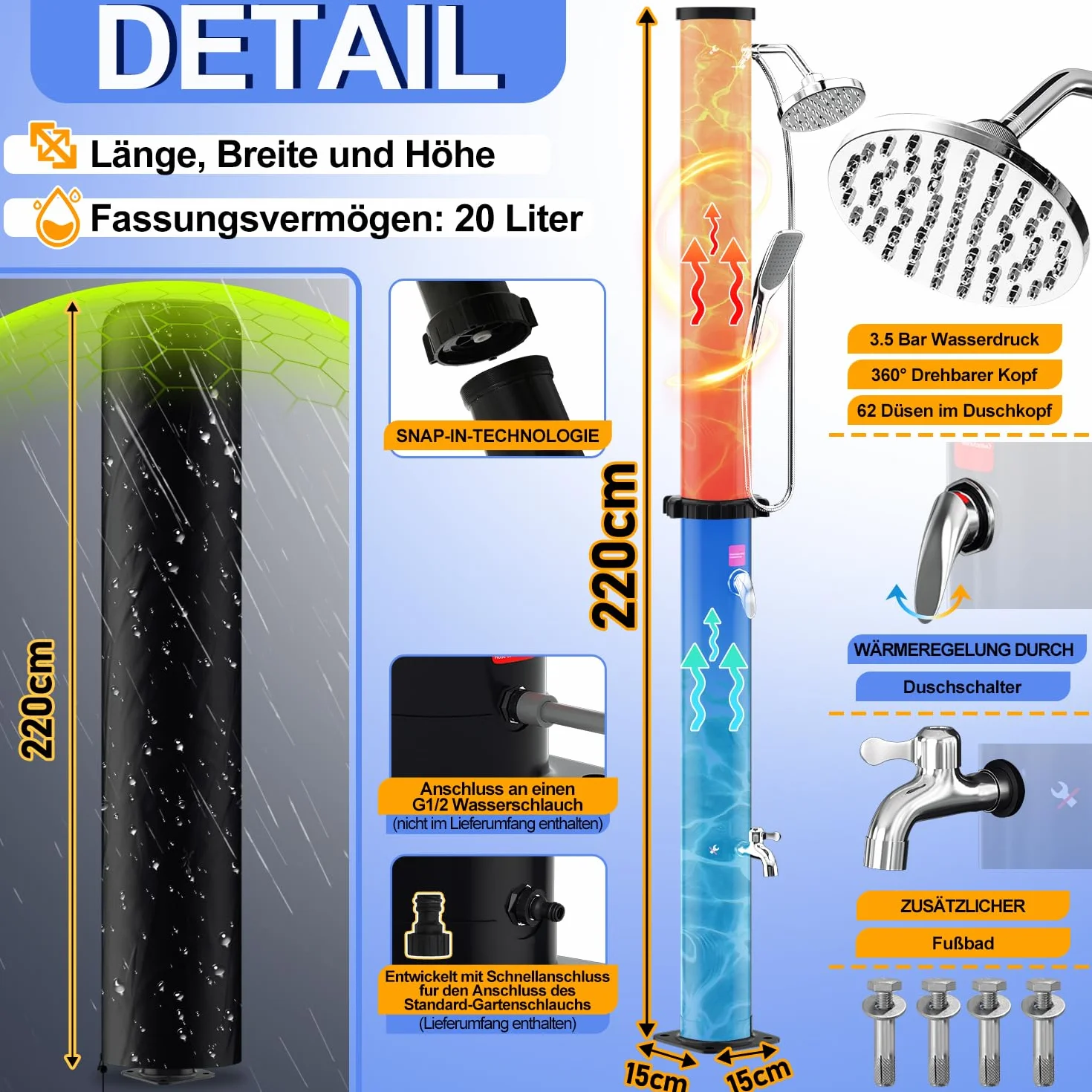 Herrselsam Douche solaire 20 l Jardin eau chaude max. 60 °C sans raccordement électrique Piscine Camping